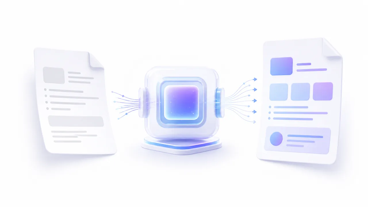 Белая soft-3D инфографика: лист с черновиком проходит через AI-модуль и выходит как новая аккуратная версия