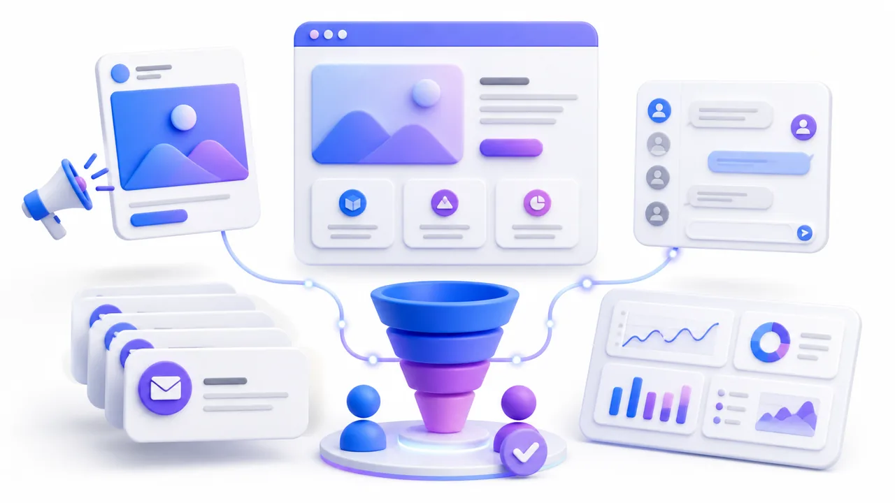 Этапы воронки превращаются в рекламу, лендинг и CRM-сообщения