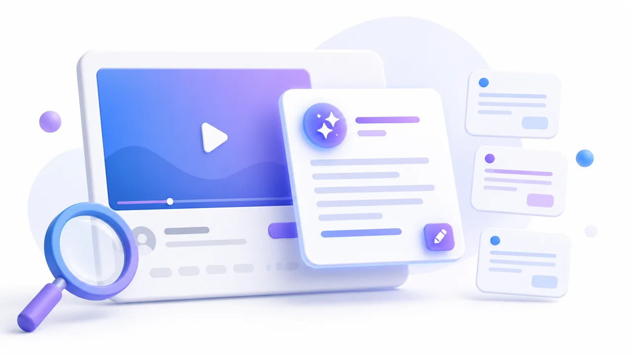 Белая soft-3D композиция с карточкой видеопубликации, лупой, заметками и аккуратной навигацией
