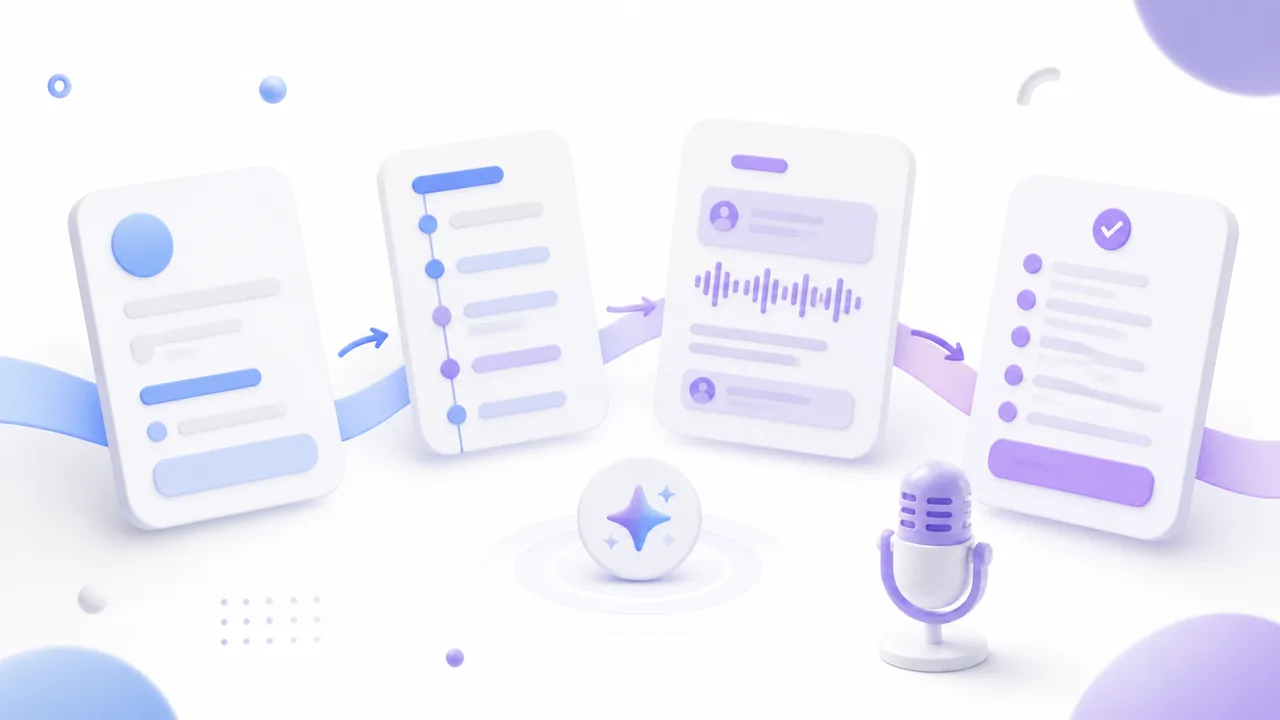 Белая soft-3D иллюстрация с карточками темы, плана основы и переходов ведущего без читаемого черновика