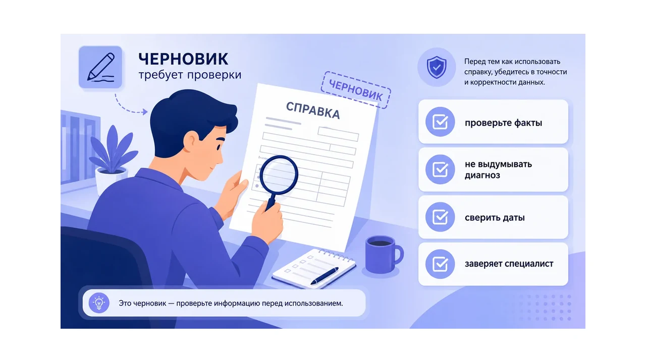 Человек проверяет черновик справки с предупреждениями об обстоятельствах, датах и заверении специалистом