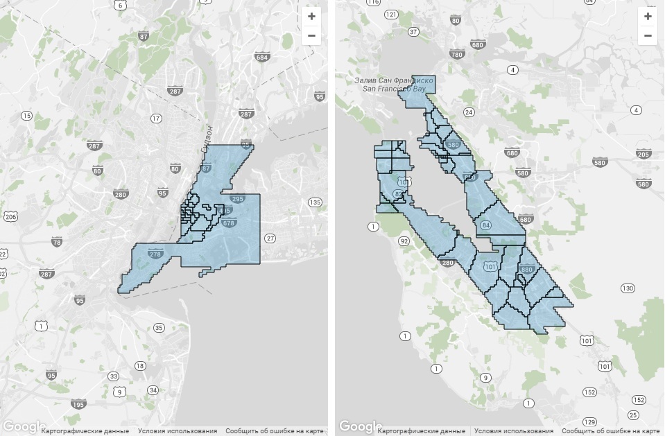 ProPublica использовали данные исследователей из Северо-восточного университета, чтобы создать эти карты охвата районов Uber для центральной части Манхэттена и в центре Сан-Франциско . Данные были собраны в апреле и мае 2015 года