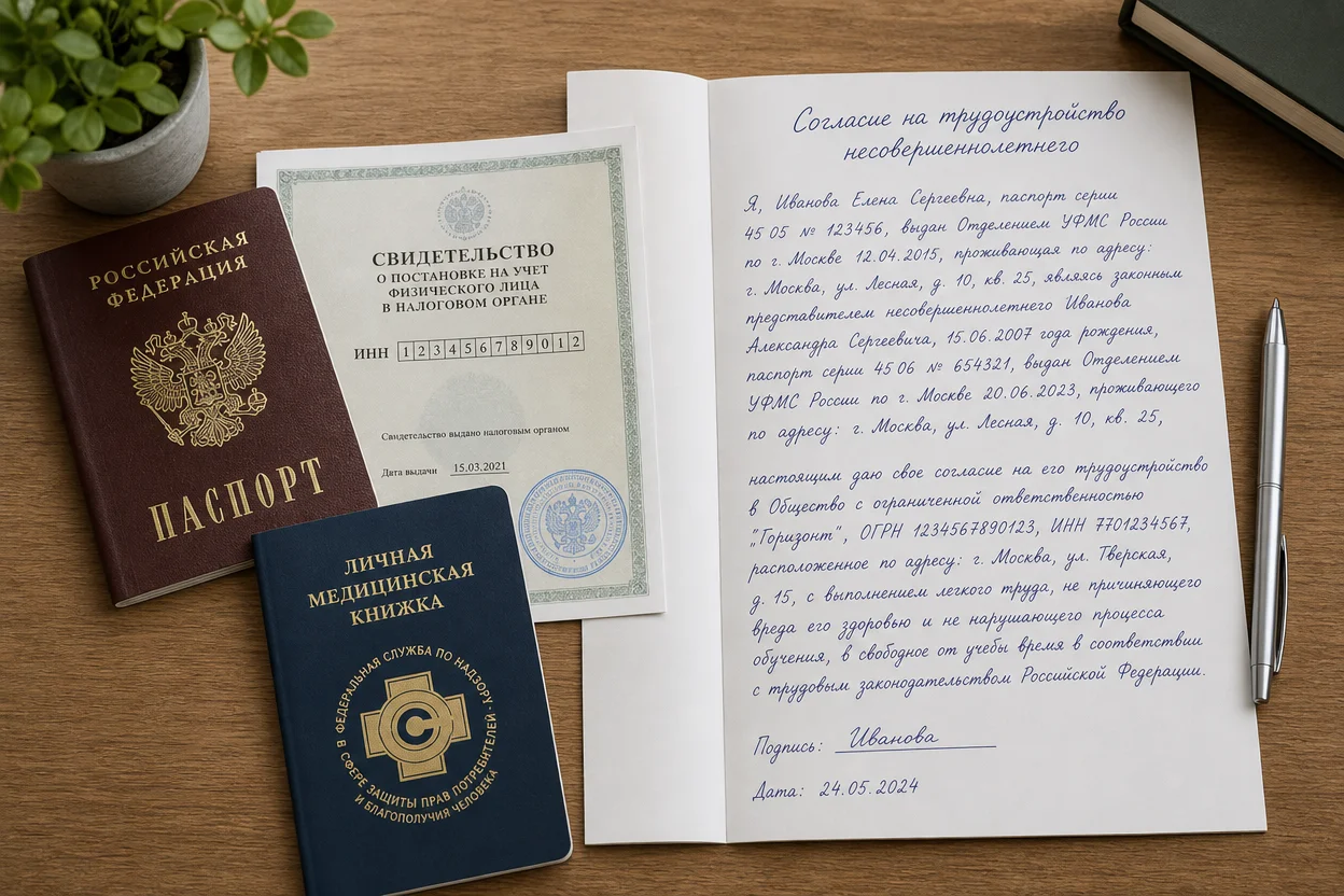 Документы для оформления курьером — паспорт, ИНН, согласие родителей на столе
