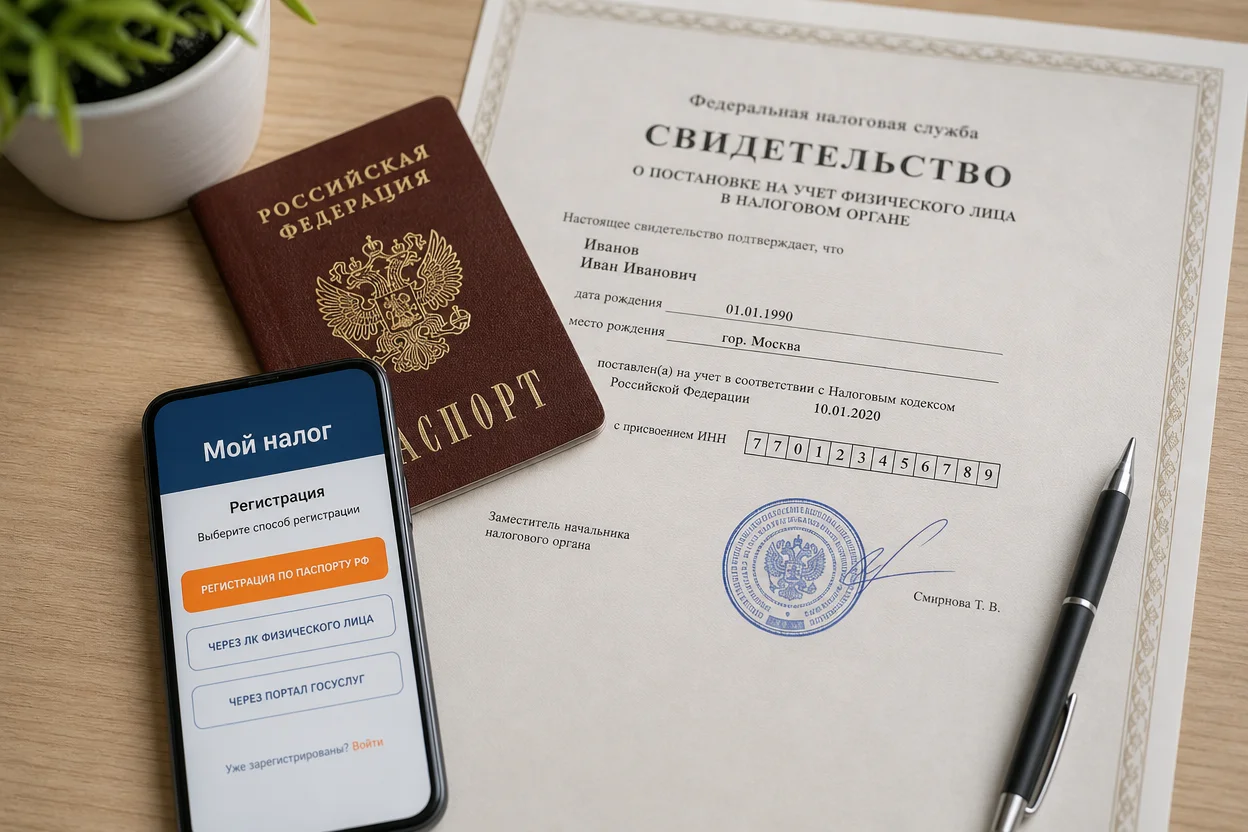 Документы для курьера — паспорт, ИНН и статус самозанятого на столе