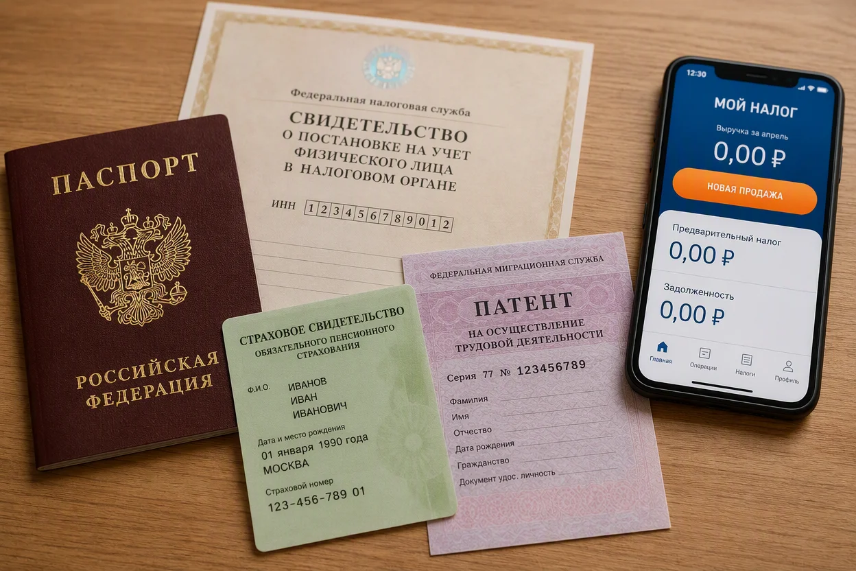 Документы для курьера — паспорт, ИНН, СНИЛС и патент на столе для регистрации