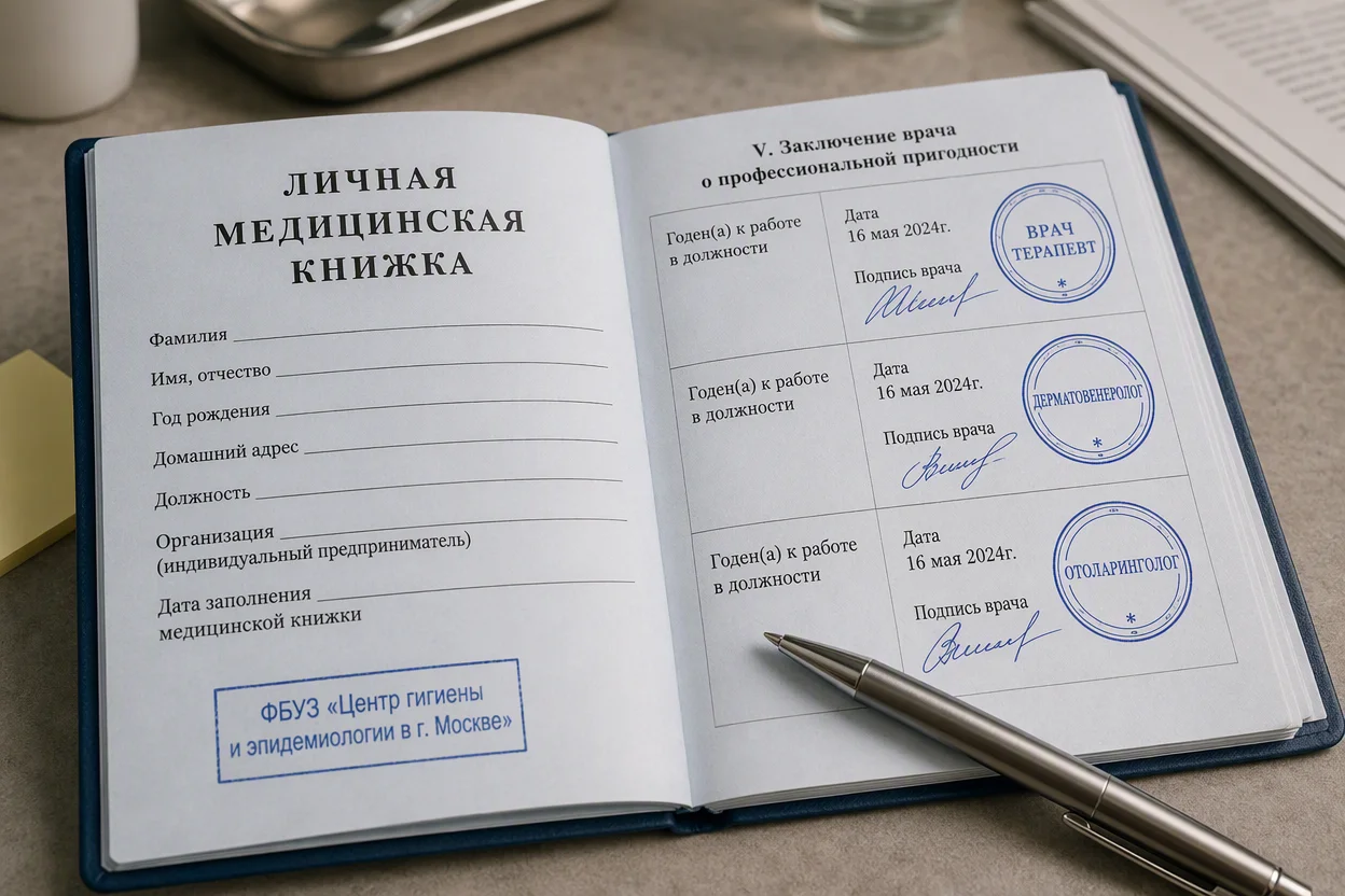 Медицинская книжка курьера — разворот с отметками врачей для доставки еды