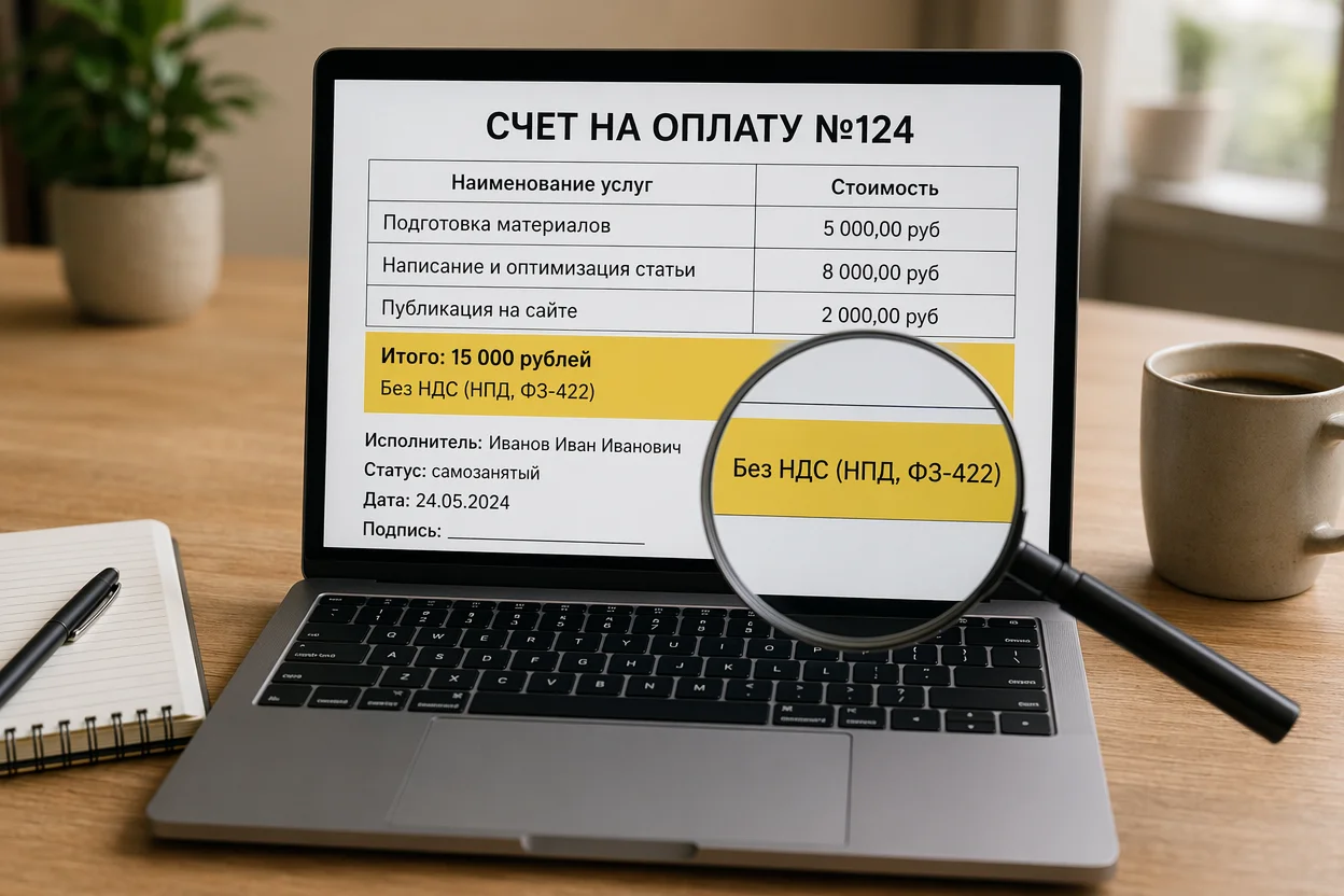 Акт выполненных работ для самозанятых шаг 4: проверка итоговой суммы и пометки об НПД