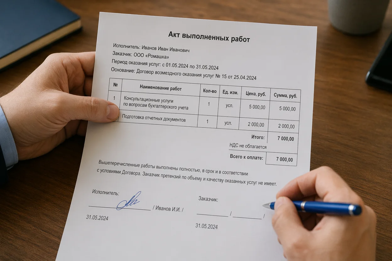 Close-up of two hands holding a printed Russian document titled «Акт выполненных работ», one hand pointing with index finger at a table row labeled «Наименование работ», the other hand holding a blue pen poised to write, wooden office desk in background, warm indoor lighting, shallow depth of field, photorealistic