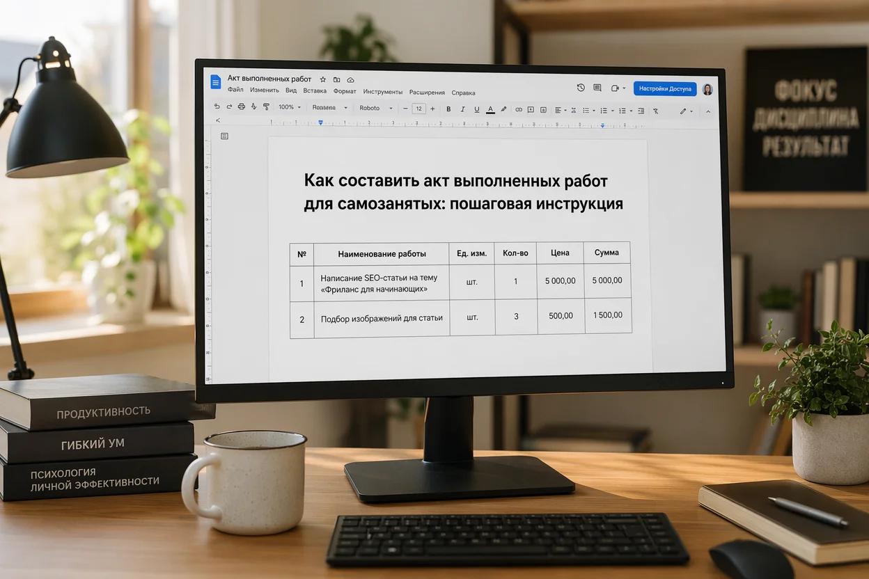 A computer monitor displaying a Google Docs document with a Russian-language table containing columns labeled «№», «Наименование работы», «Ед. изм.», «Кол-во», «Цена», «Сумма» and two filled rows of sample data, cursor visible in the table, minimalist home office setting with a desk lamp, realistic screenshot-style rendering
