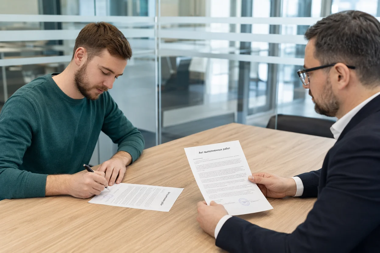 Two people sitting across from each other at a modern office table, one person (the self-employed freelancer, casual clothes) signing a paper document with a pen, the other person (company representative, business attire) waiting with their copy of the same document in hand, both copies visible with the header «Акт выполненных работ», bright office with glass partitions in background, photorealistic, eye-level perspective