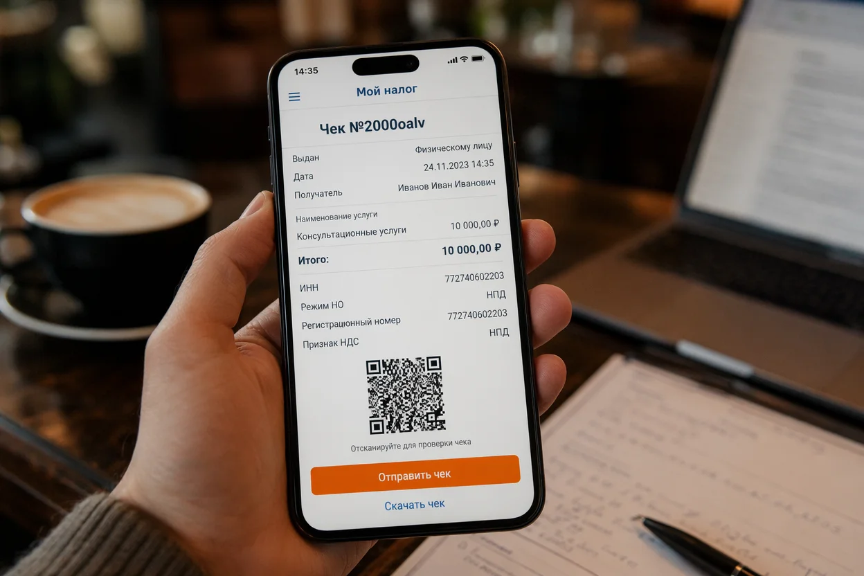 A smartphone screen showing the Russian "Мой налог" (My Tax) mobile application interface with a generated receipt (чек) visible on screen, the phone held in one hand against a blurred background of a coffee shop table with a laptop and printed document, warm ambient lighting, photorealistic close-up