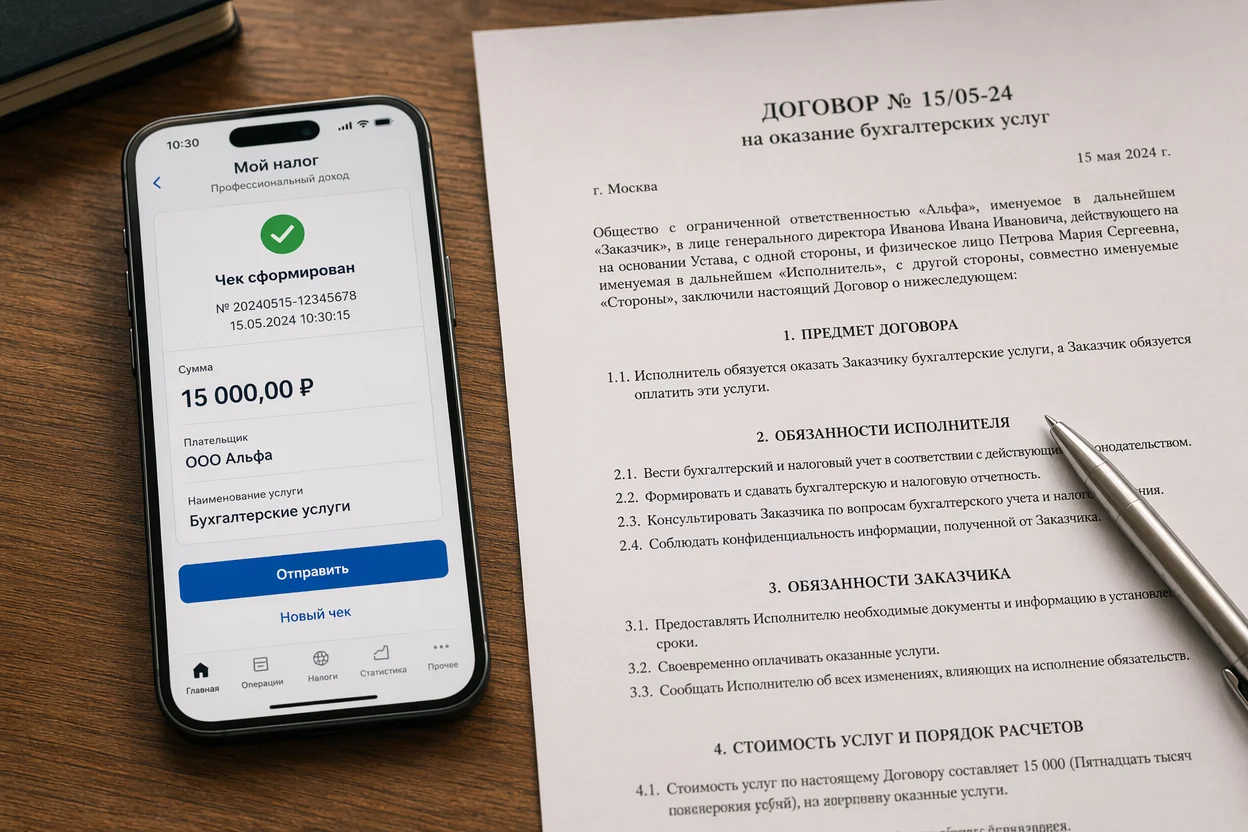 Договор с самозанятым бухгалтером шаг 4: пункты об ответственности и чеке из Мой налог