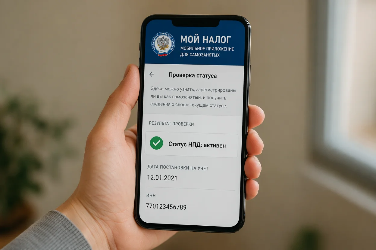Договор с самозанятым юристом — экран проверки статуса НПД в приложении «Мой налог»
