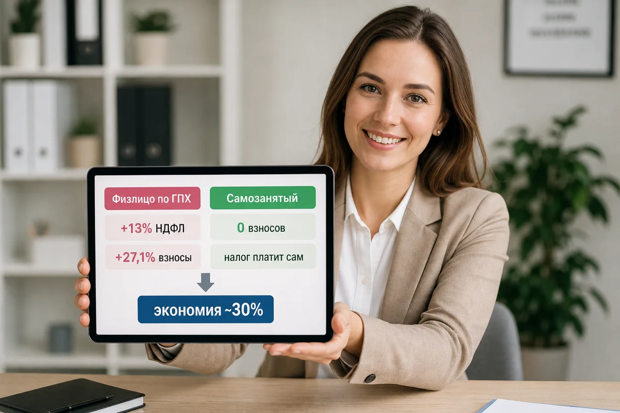 Договор ГПХ с самозанятым — заказчик не платит взносы → экономия 30%, инфографика