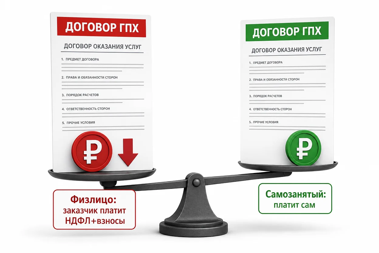 Договор ГПХ с самозанятым против физлица — разная налоговая нагрузка заказчика