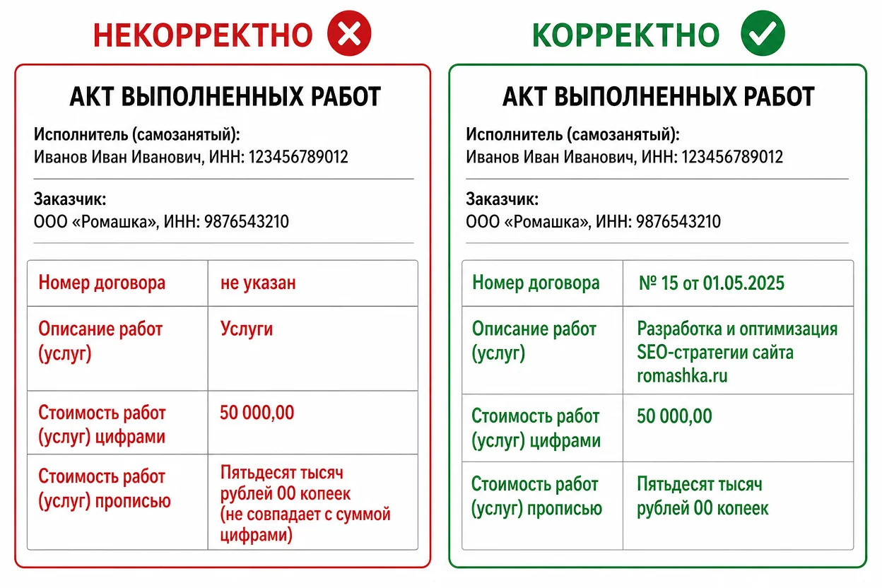Частые ошибки в акте выполненных работ самозанятого — сравнение правильного и неправильного заполнения