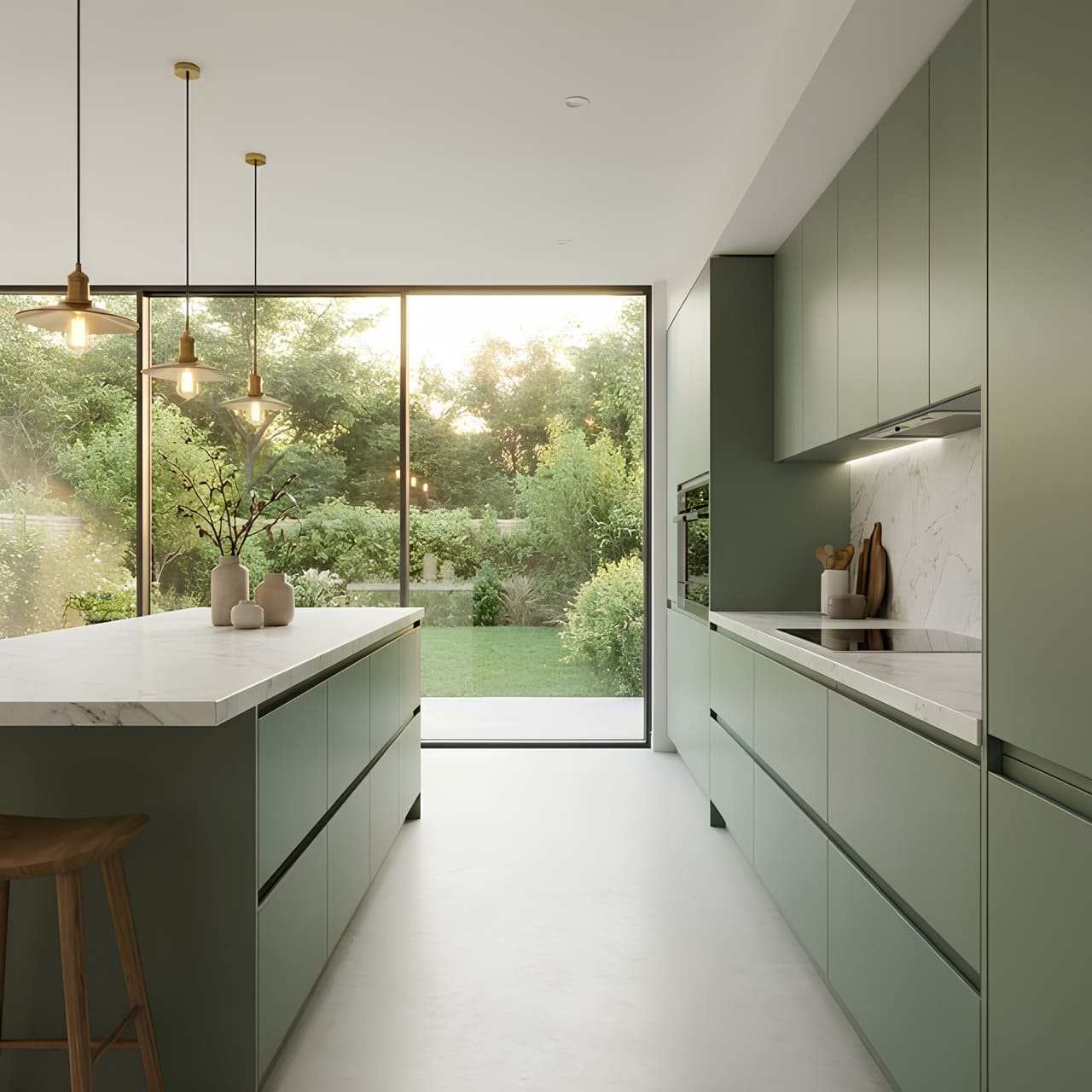 Modern minimal kitchen interior with marble countertops and sage green cabinets