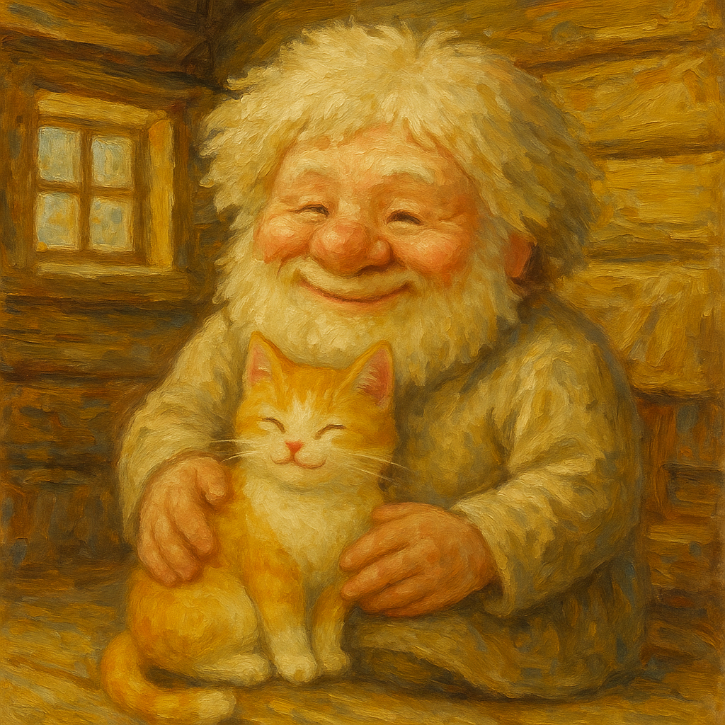 Кошка сидит рядом с домовым у окна