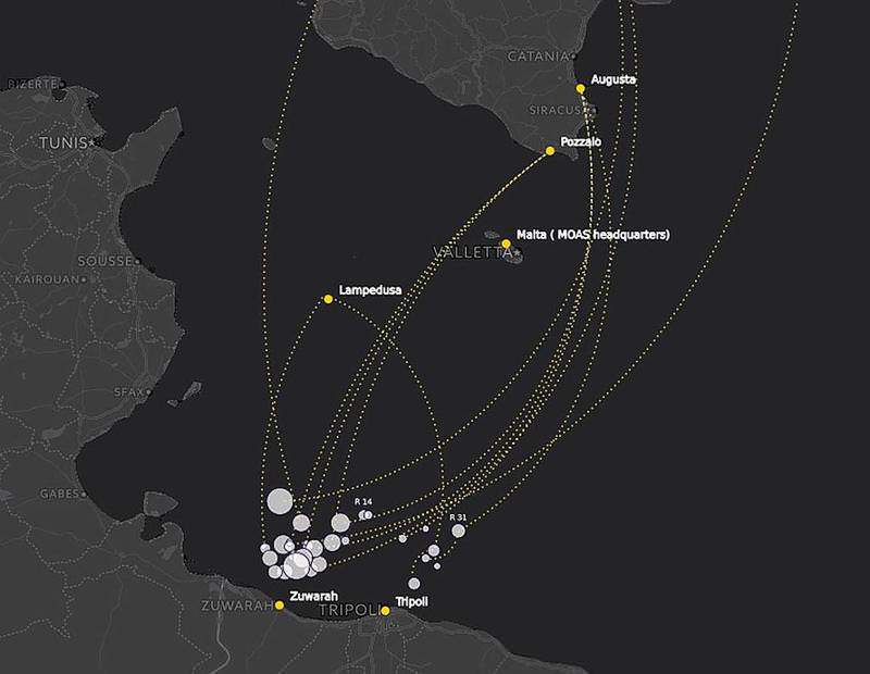 Маршруты спасательных экспедиций НПО MOAS у берегов Ливии, которые прокуроры Сицилии считают нелегальным трафиком людей. Скриншот с сайта moas.eu 