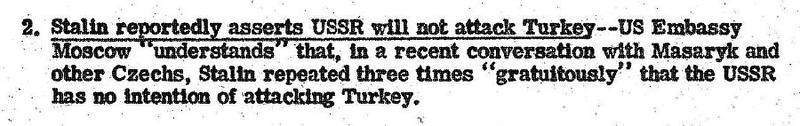 Сообщение в сводке от 13 августа 1946 года со ссылкой на Иосифа Сталина, обещающего не воевать с Турцией