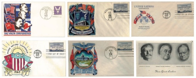Рис. 26. Почтовые конверты, выпущенные в США в 1945 г. в честь международных конференций союзных государств.