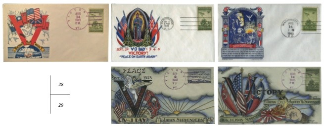 Рис. 28. Почтовые конверты США 1945 г., посвященные Победе союзных сил над милитаристской Японией.