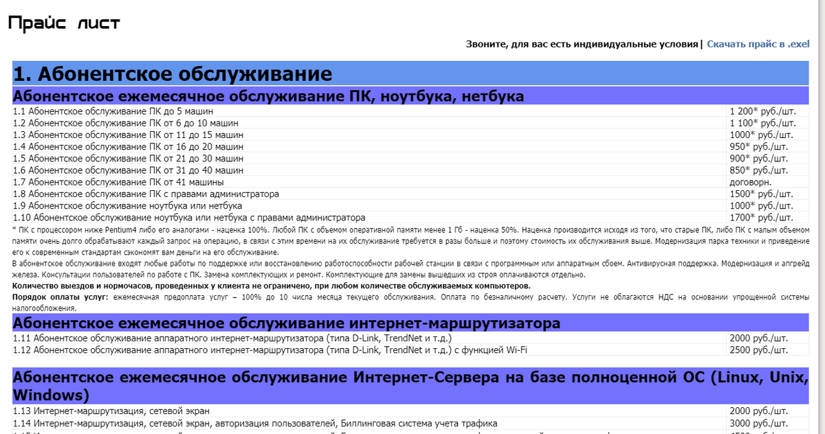 Прайс-лист на услуги техподдержки