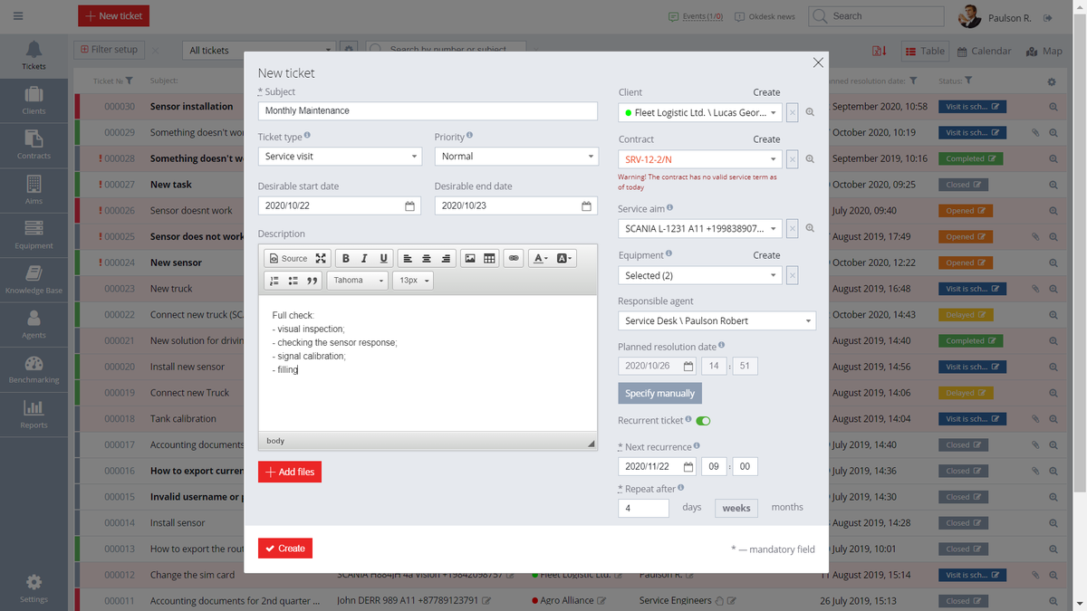 Equipment maintenance in helpdesk system