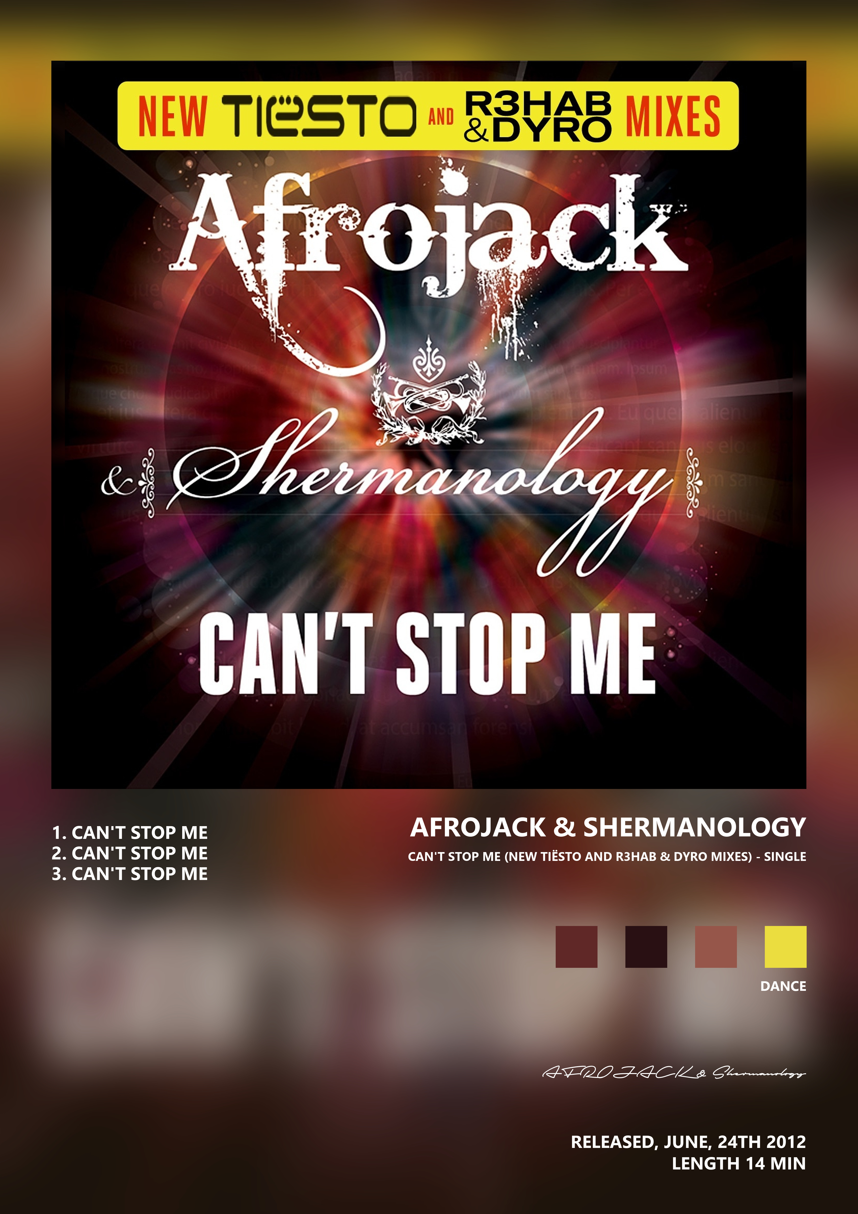 Music poster: AFROJACK Shermanology - Cant Stop Me New Tiësto and R3hab Dyro Mixes - Single