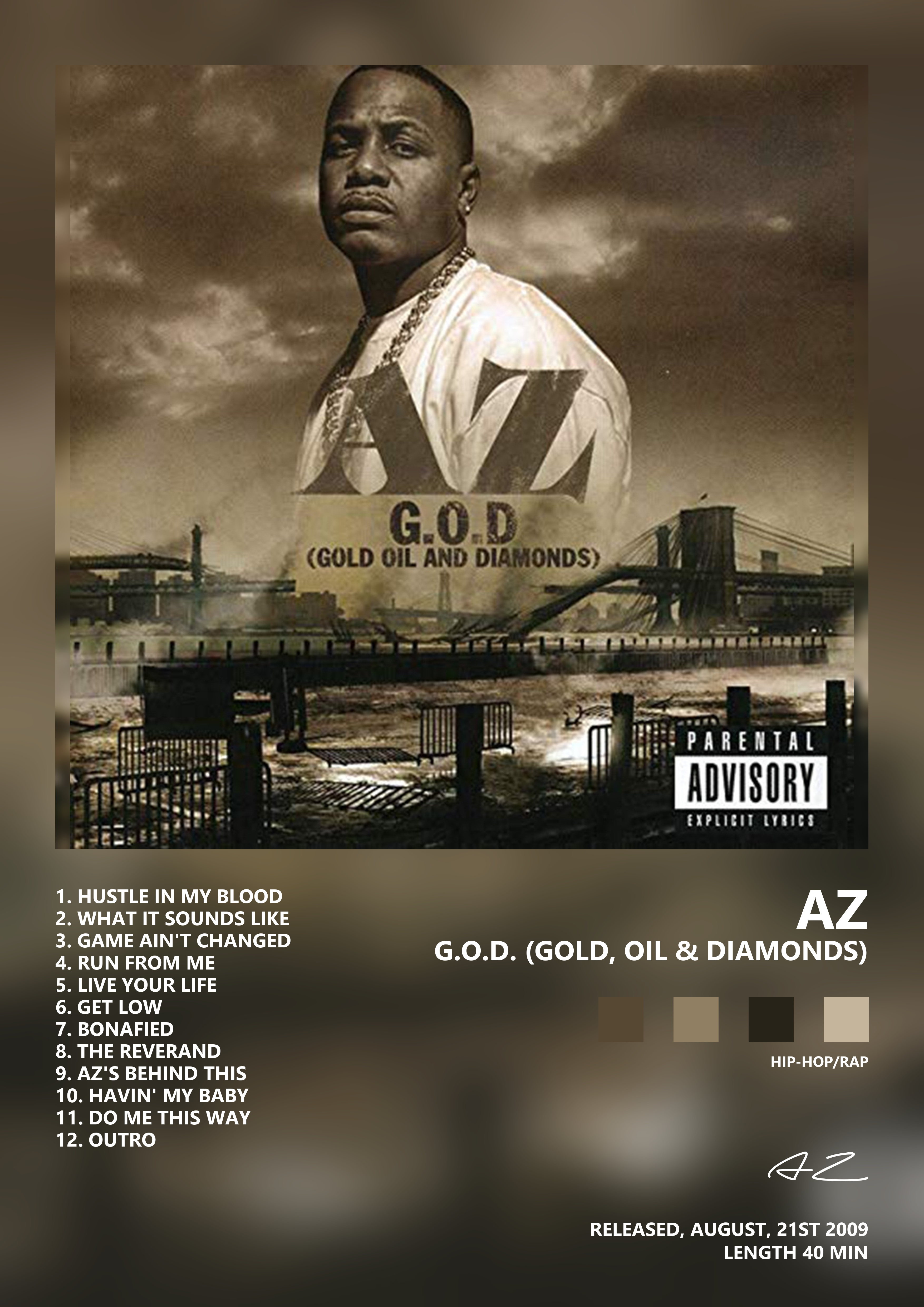 Music poster: AZ - GOD Gold Oil Diamonds