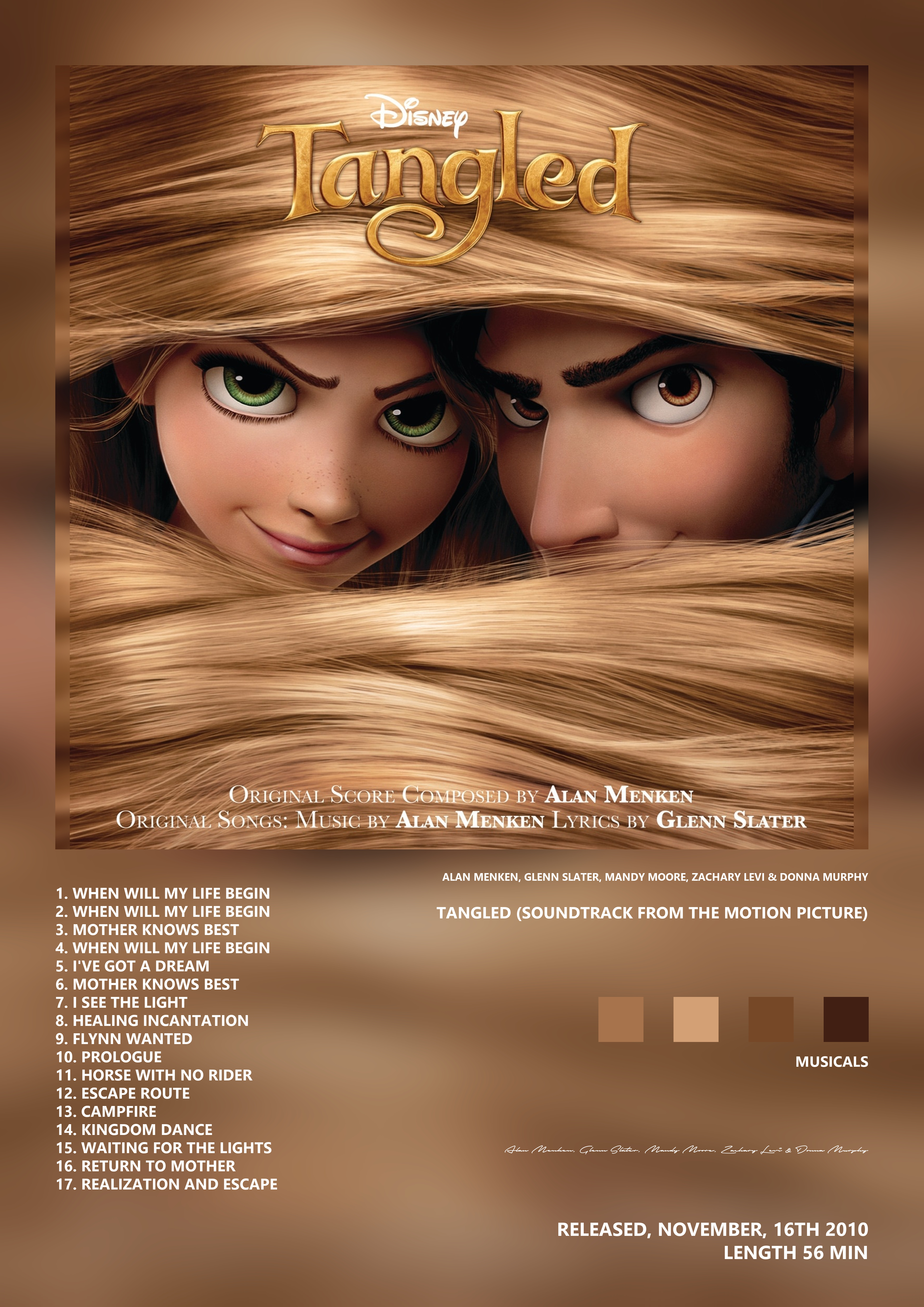 Music poster: Alan Menken Glenn Slater Mandy Moore Zachary Levi Donna Murphy - Tangled Soundtrack from the Motion Picture