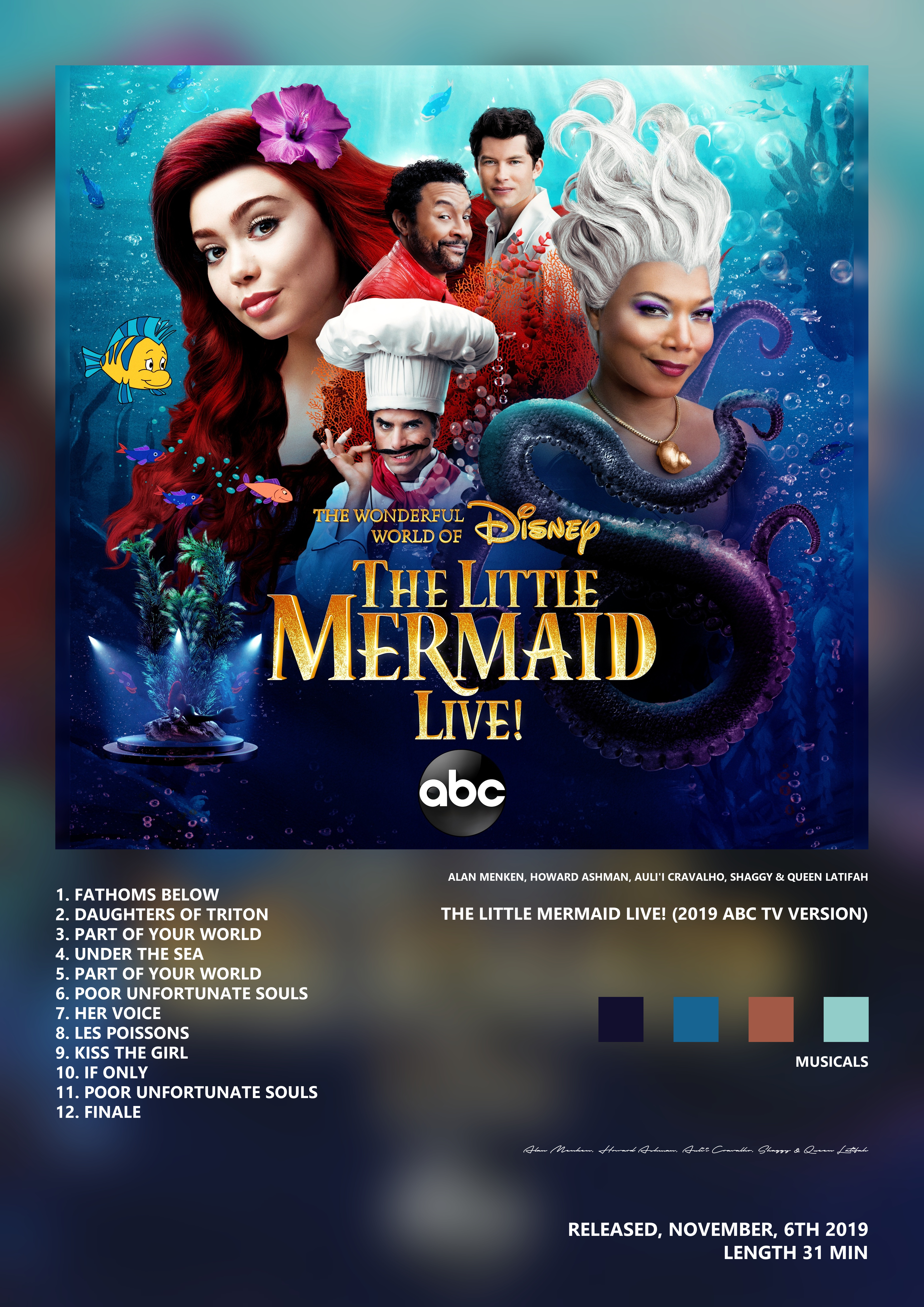 Music poster: Alan Menken Howard Ashman Aulii Cravalho Shaggy Queen Latifah - The Little Mermaid Live 2019 ABC TV Version