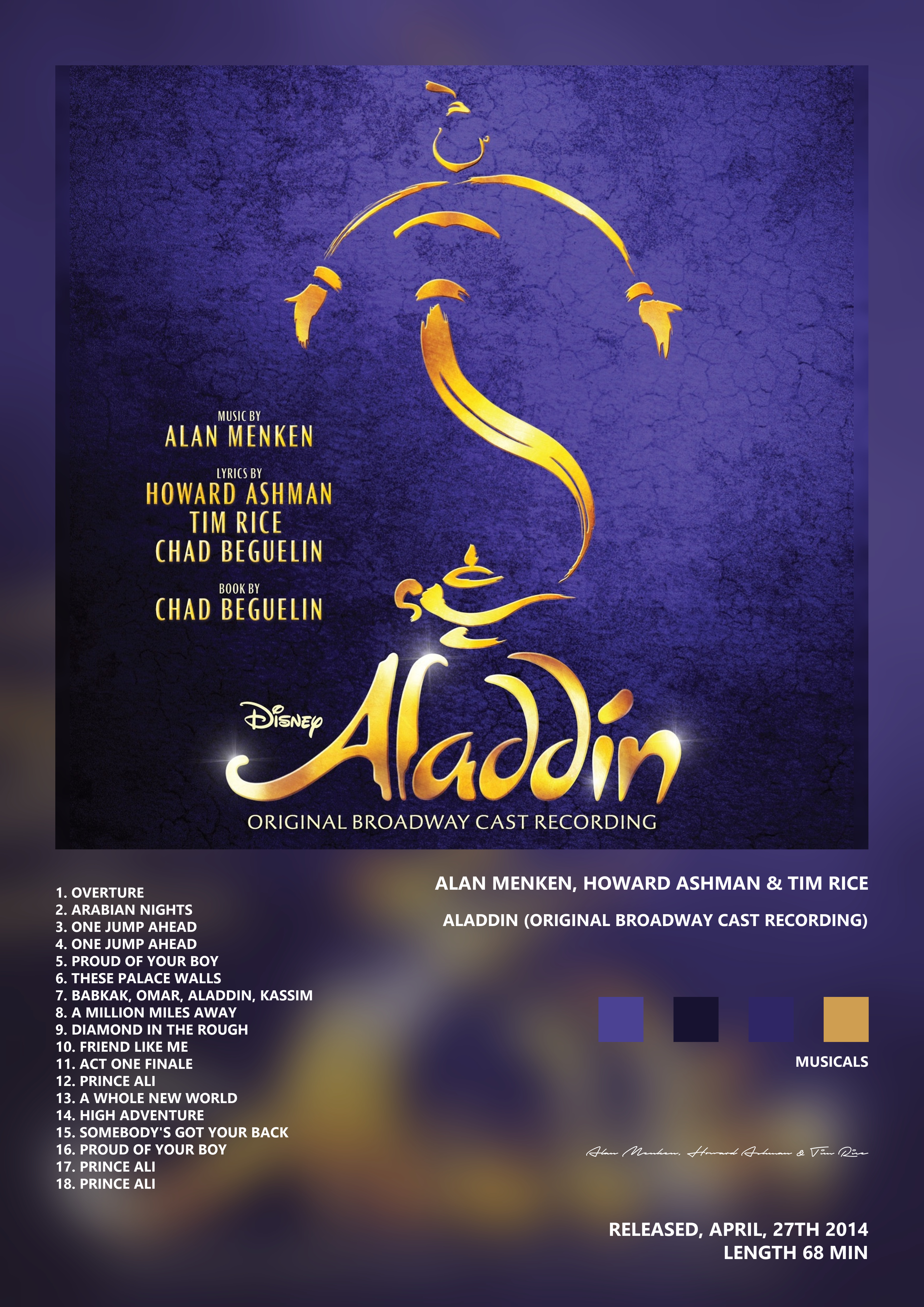 Music poster: Alan Menken Howard Ashman Tim Rice - Aladdin Original Broadway Cast Recording