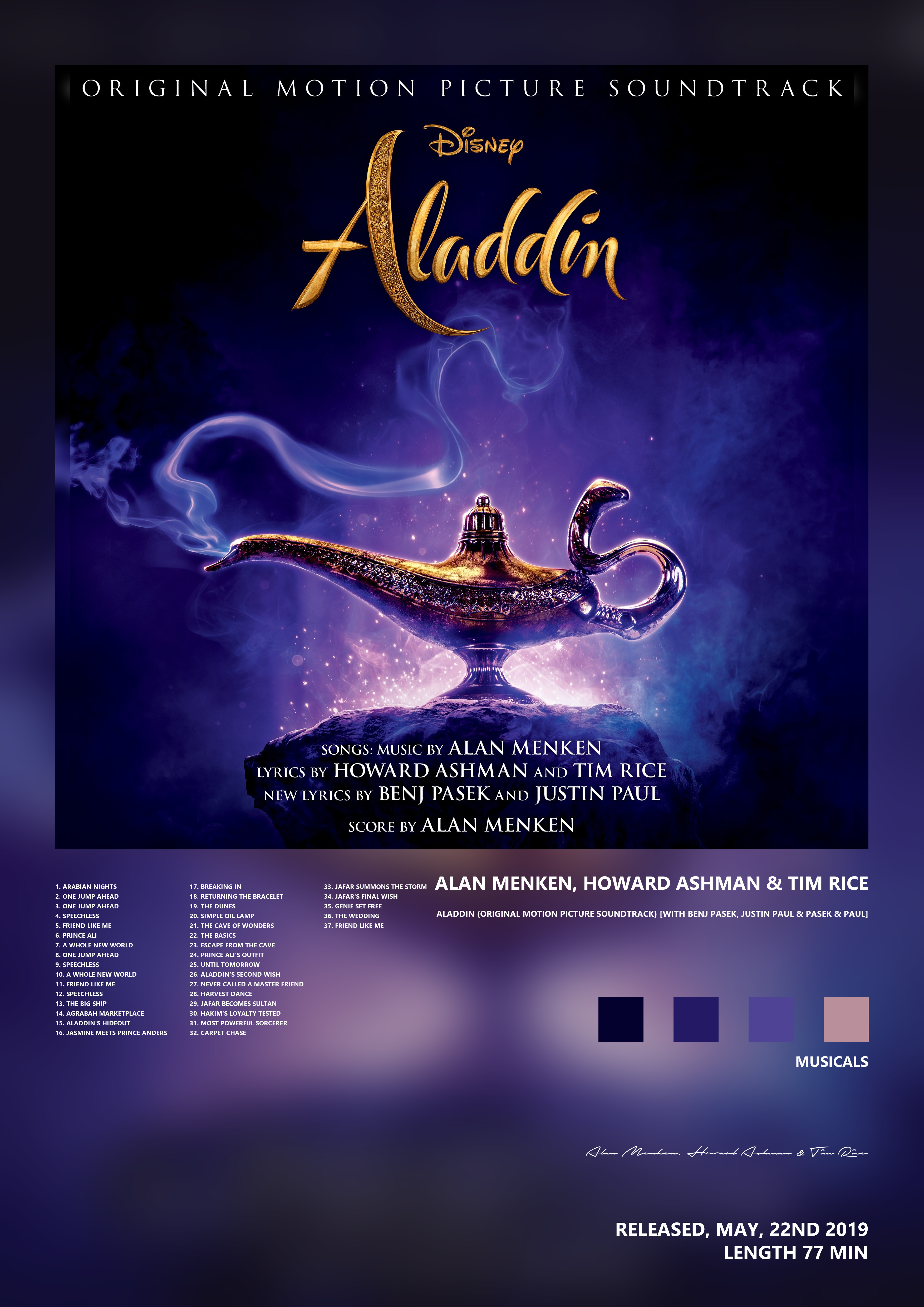 Music poster: Alan Menken Howard Ashman Tim Rice - Aladdin Original Motion Picture Soundtrack with Benj Pasek Justin Paul Pasek Paul