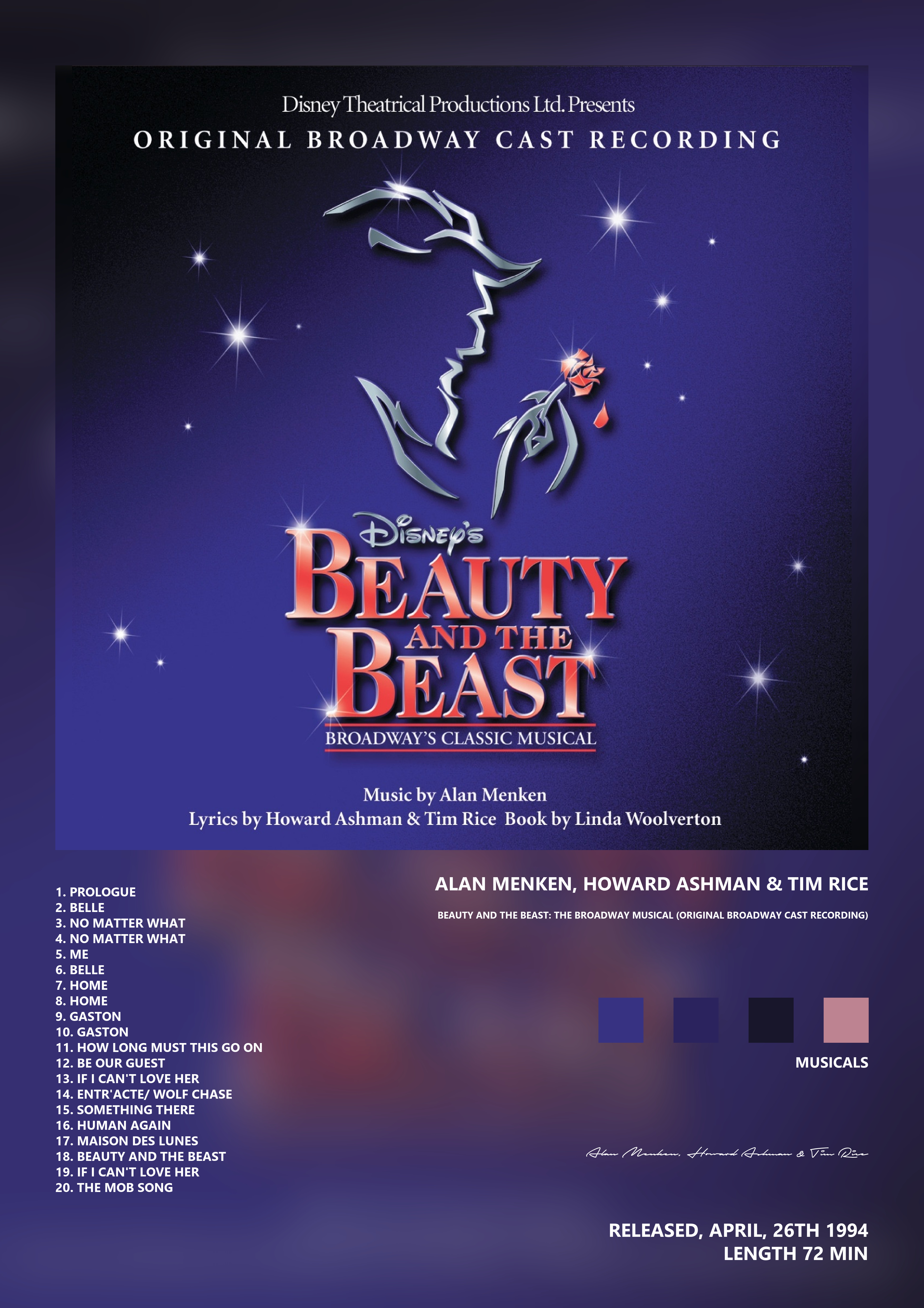 Music poster: Alan Menken Howard Ashman Tim Rice - Beauty and the Beast The Broadway Musical Original Broadway Cast Recording