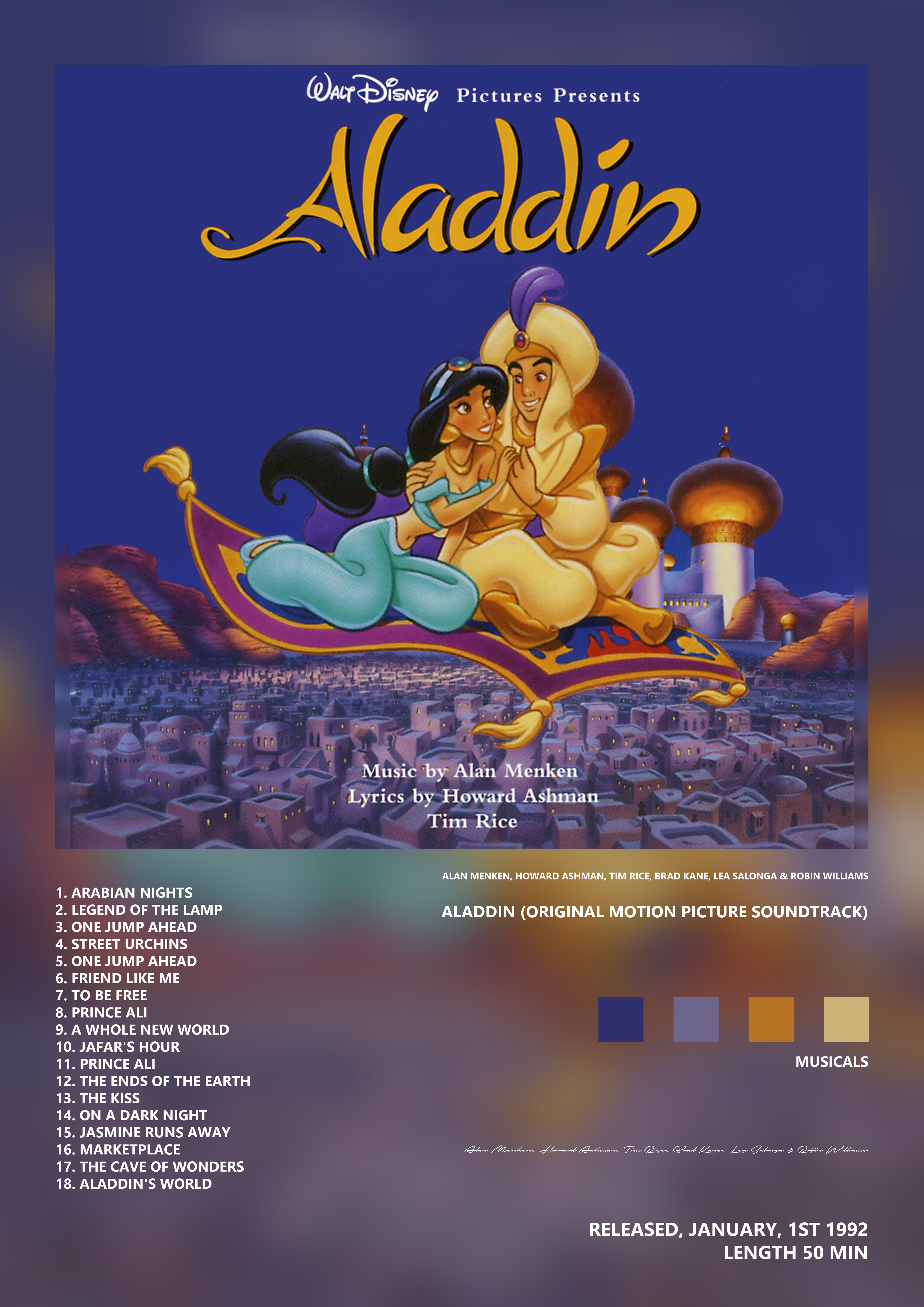 Music poster: Alan Menken Howard Ashman Tim Rice Brad Kane Lea Salonga Robin Williams - Aladdin Original Motion Picture Soundtrack