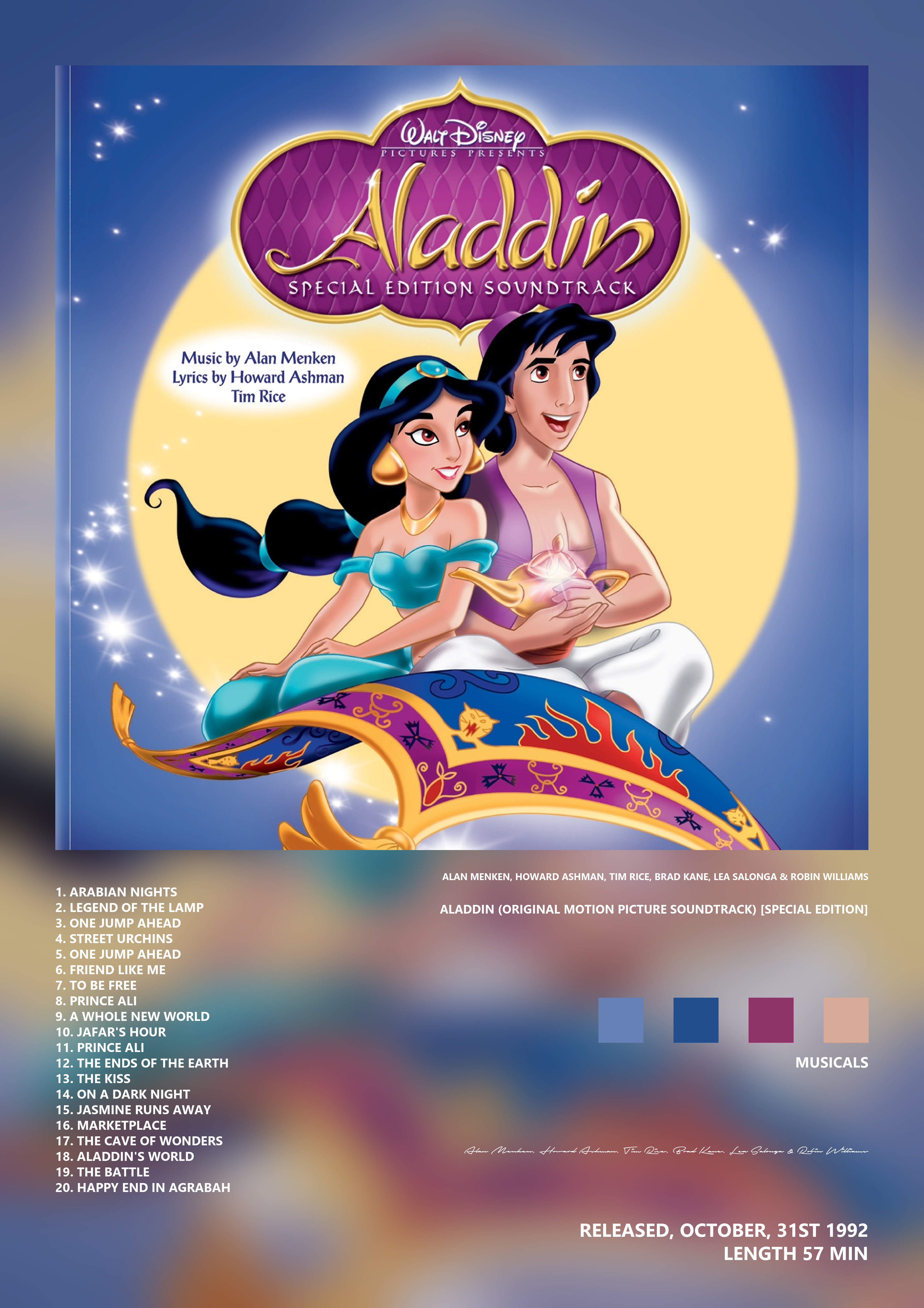 Music poster: Alan Menken Howard Ashman Tim Rice Brad Kane Lea Salonga Robin Williams - Aladdin Original Motion Picture Soundtrack Spe