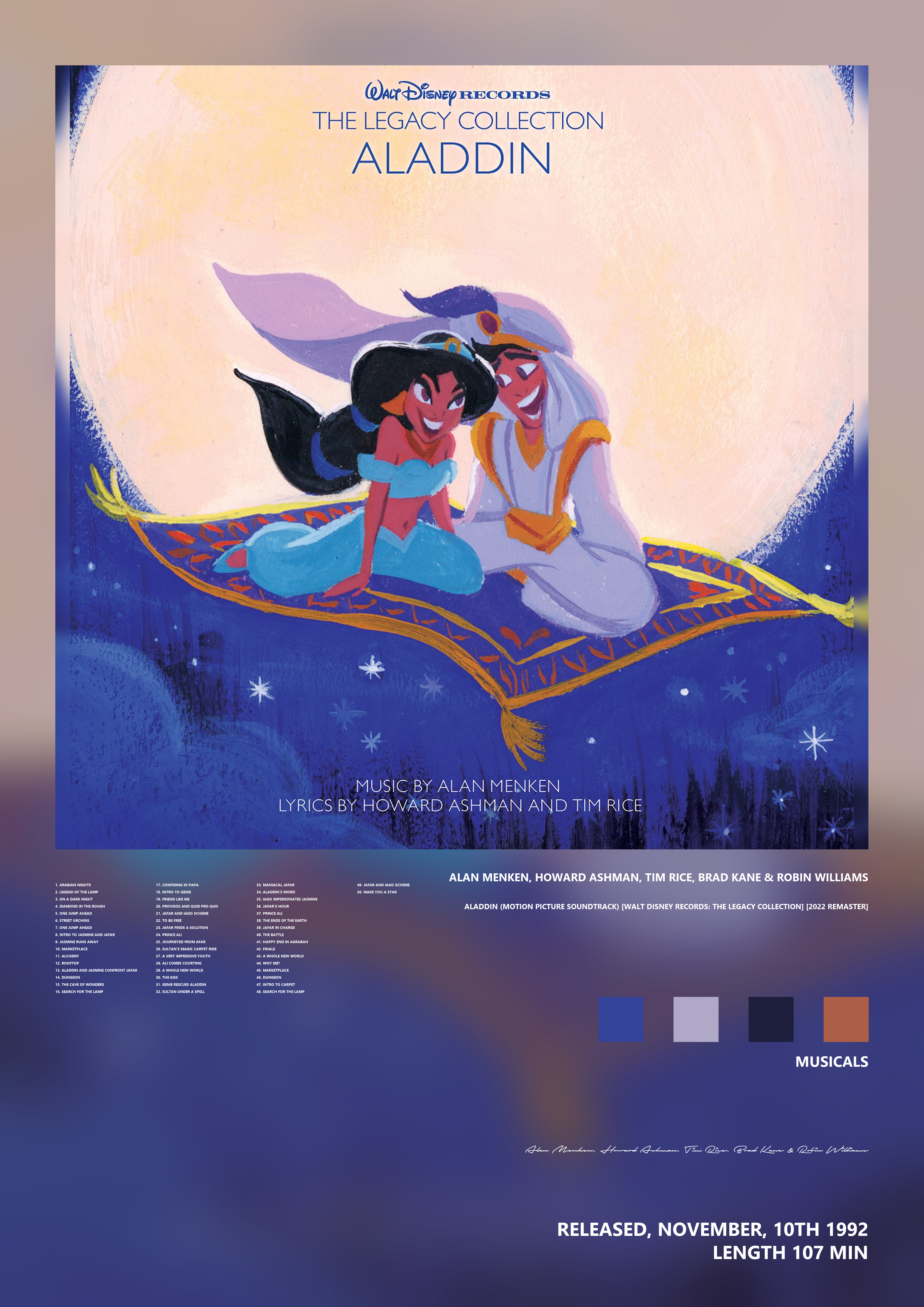 Music poster: Alan Menken Howard Ashman Tim Rice Brad Kane Robin Williams - Aladdin Motion Picture Soundtrack Walt Disney Records The