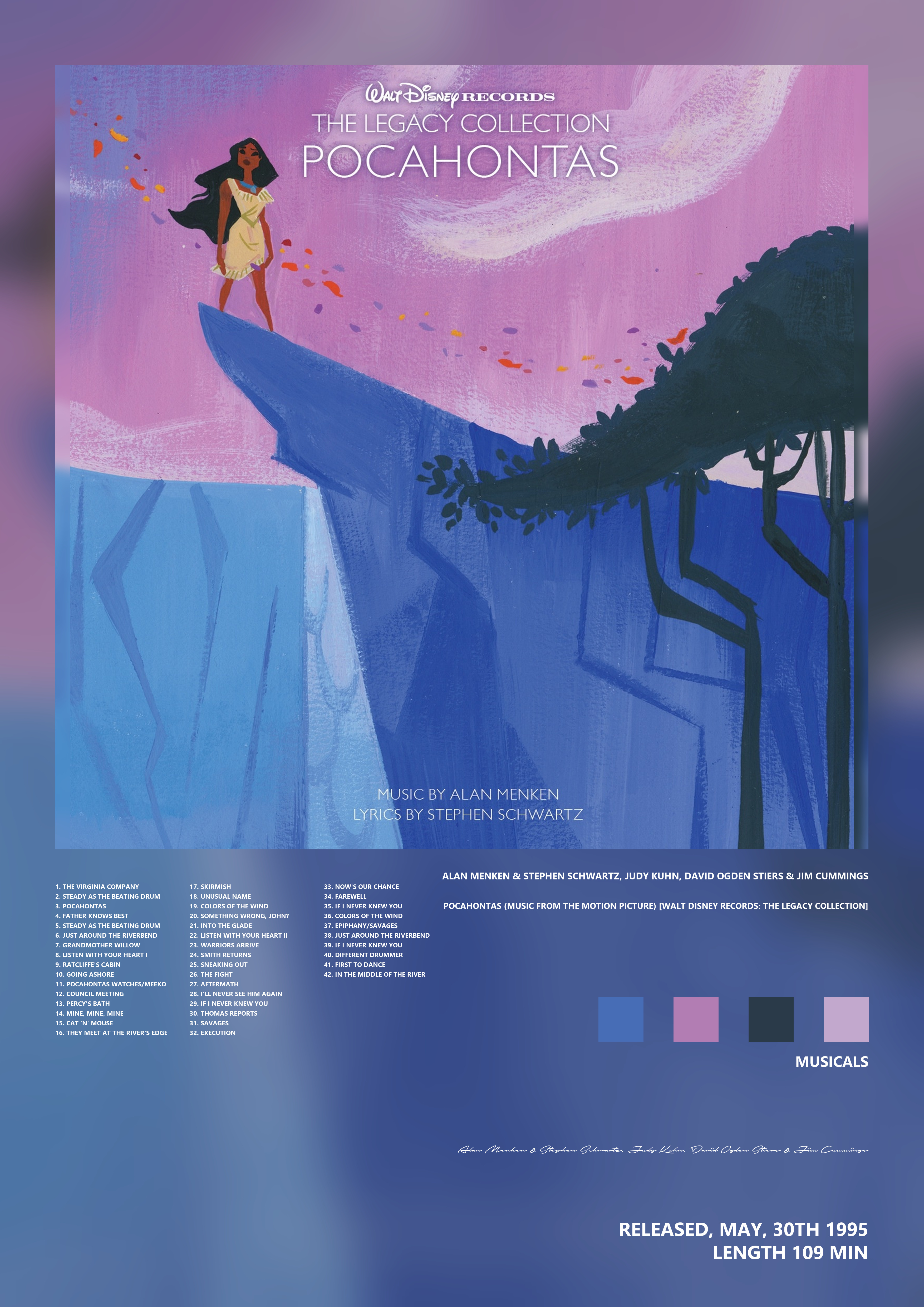 Music poster: Alan Menken Stephen Schwartz Judy Kuhn David Ogden Stiers Jim Cummings - Pocahontas Music From the Motion Picture Walt D