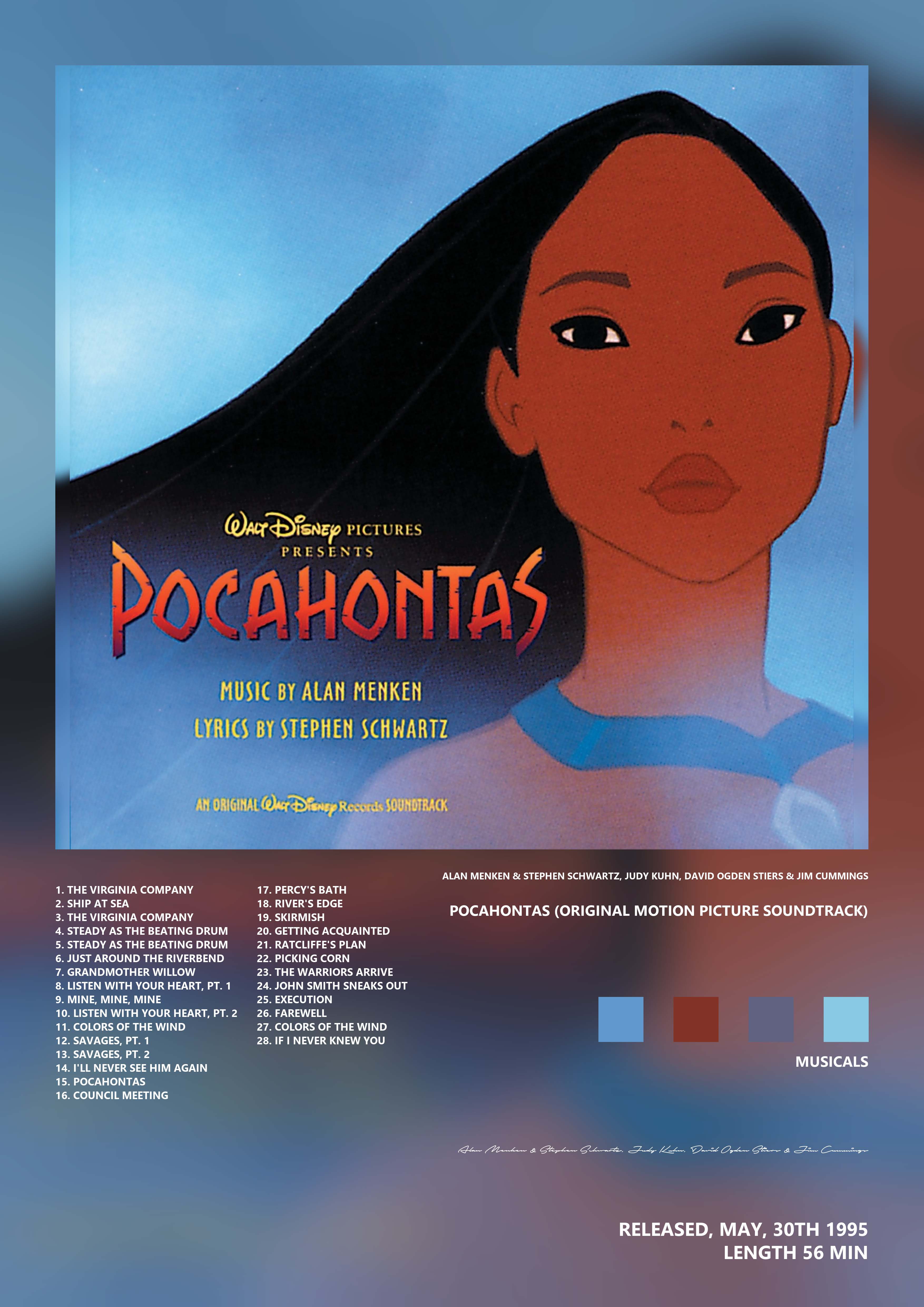 Music poster: Alan Menken Stephen Schwartz Judy Kuhn David Ogden Stiers Jim Cummings - Pocahontas Original Motion Picture Soundtrack