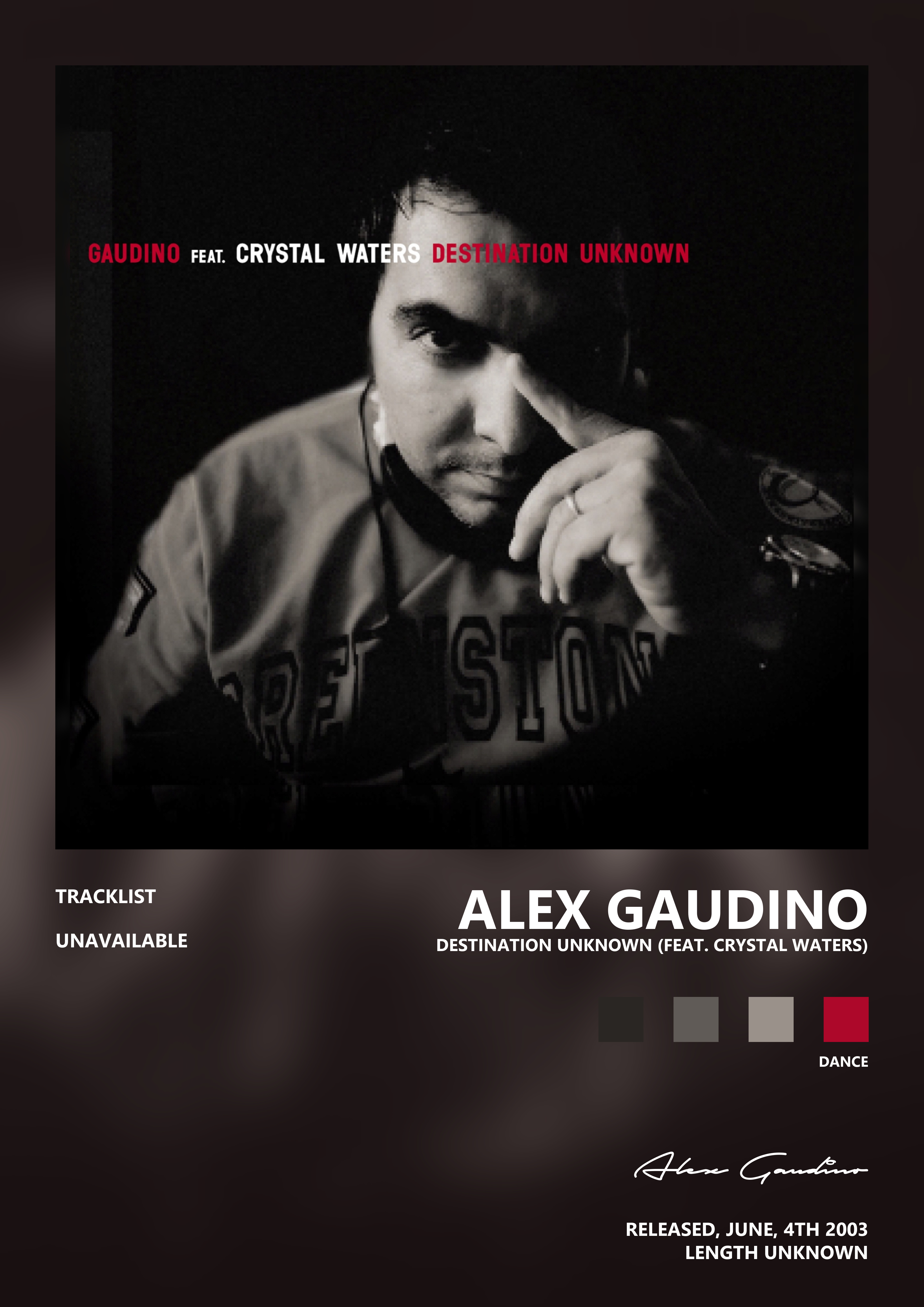 Music poster: Alex Gaudino - Destination Unknown feat Crystal Waters