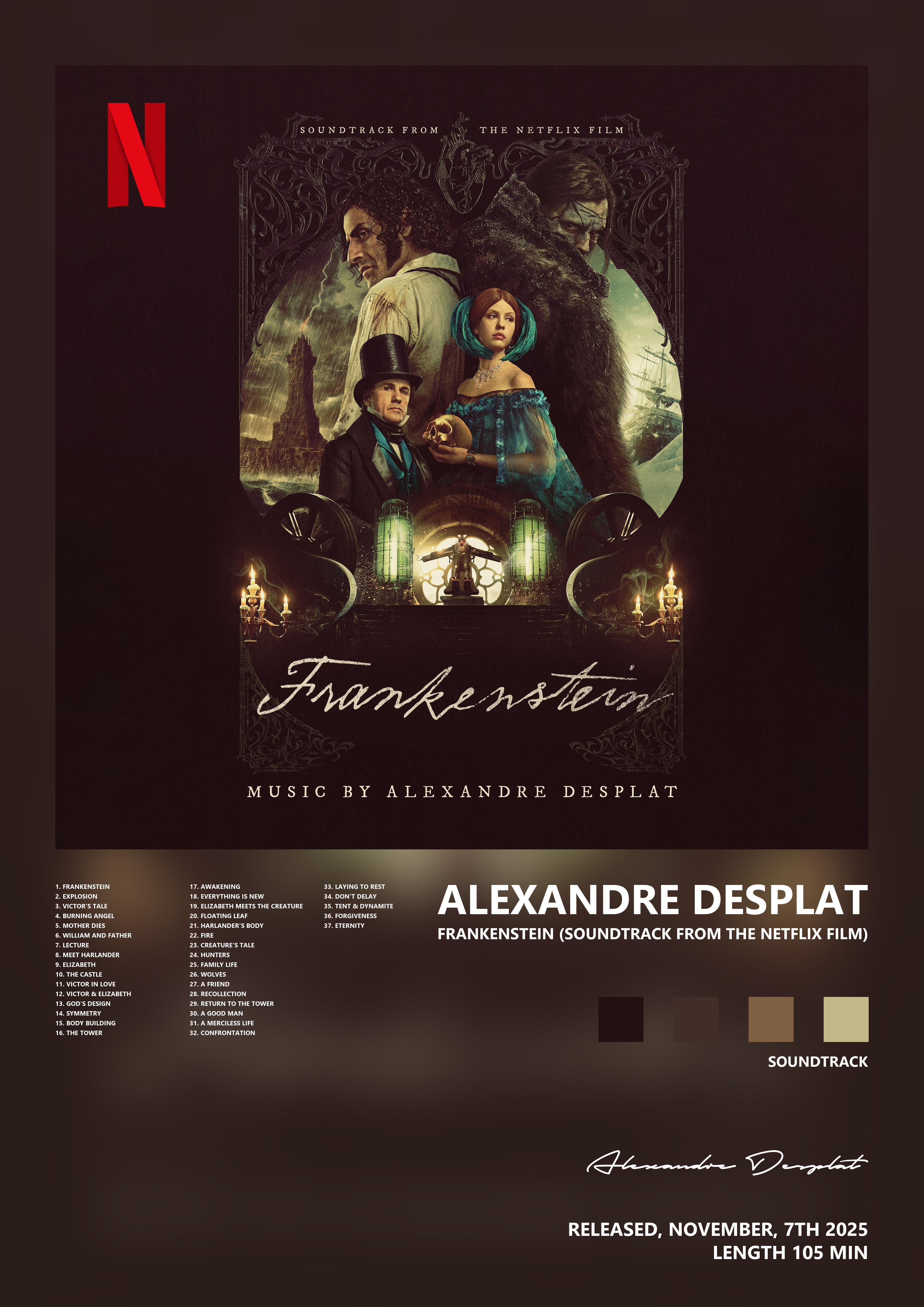 Music poster: Alexandre Desplat - Frankenstein Soundtrack from the Netflix Film