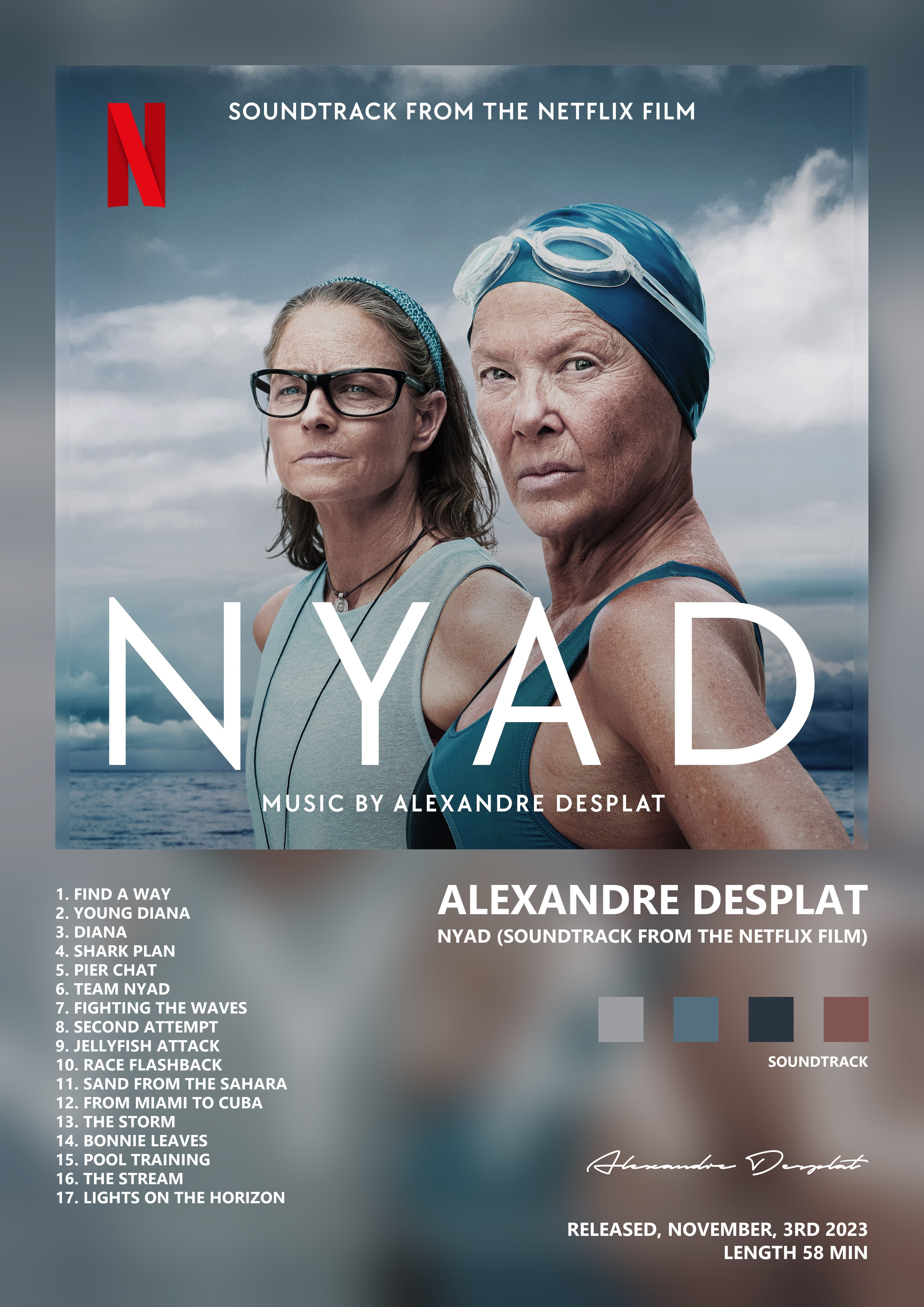 Music poster: Alexandre Desplat - Nyad Soundtrack from the Netflix Film