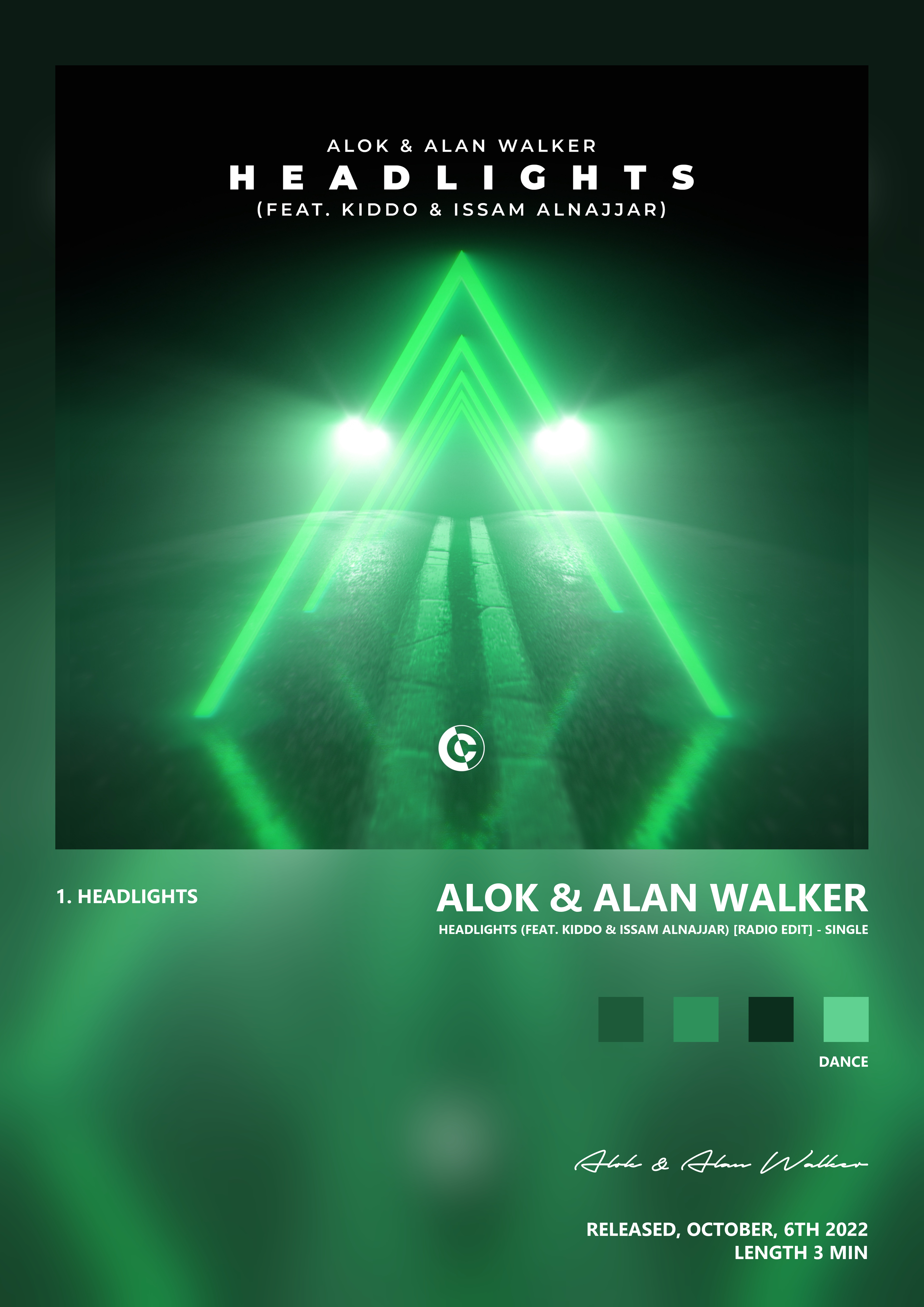 Music poster: Alok Alan Walker - Headlights feat KIDDO Issam Alnajjar Radio Edit - Single