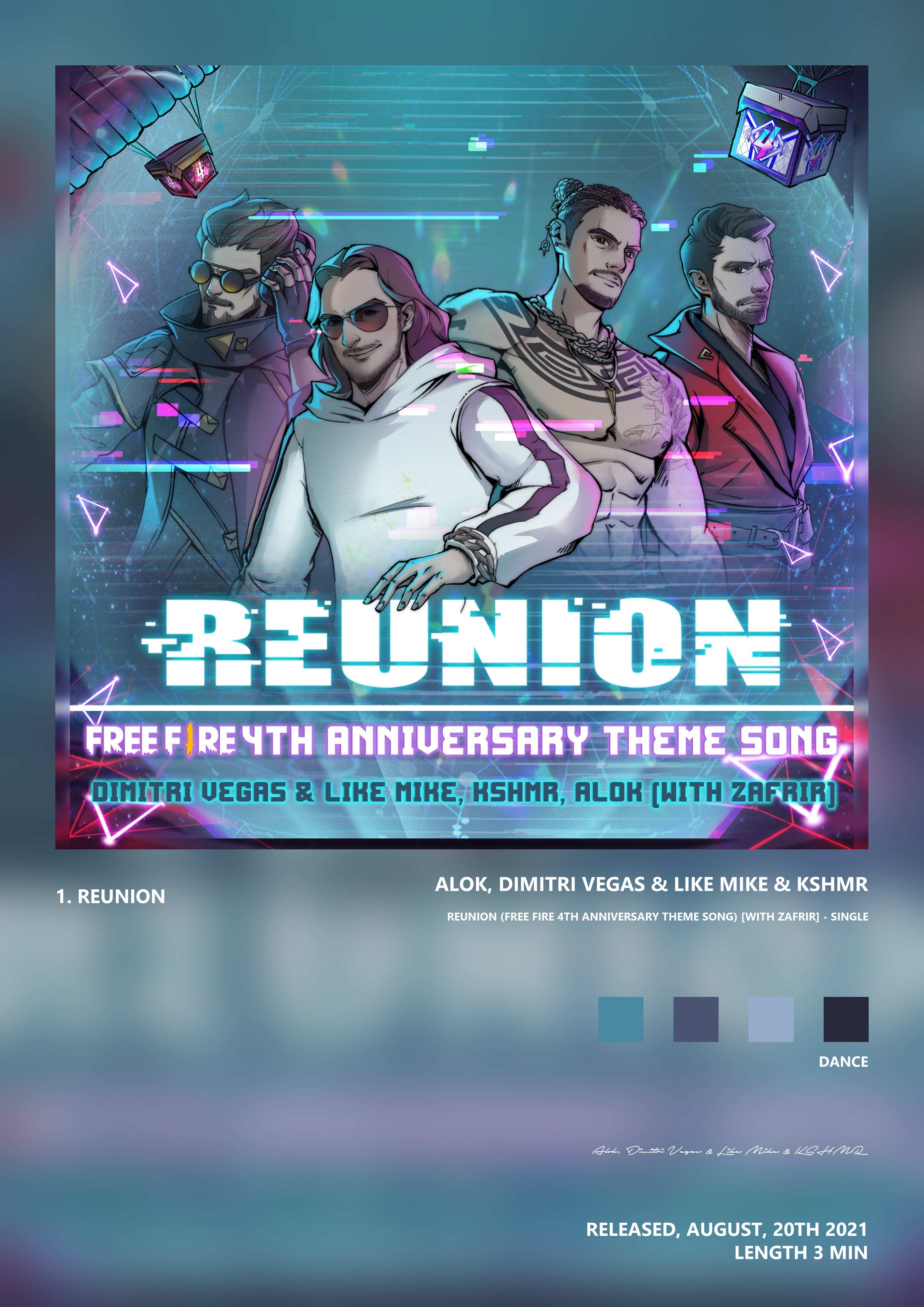 Music poster: Alok Dimitri Vegas Like Mike KSHMR - Reunion Free Fire 4th Anniversary Theme Song with Zafrir - Single