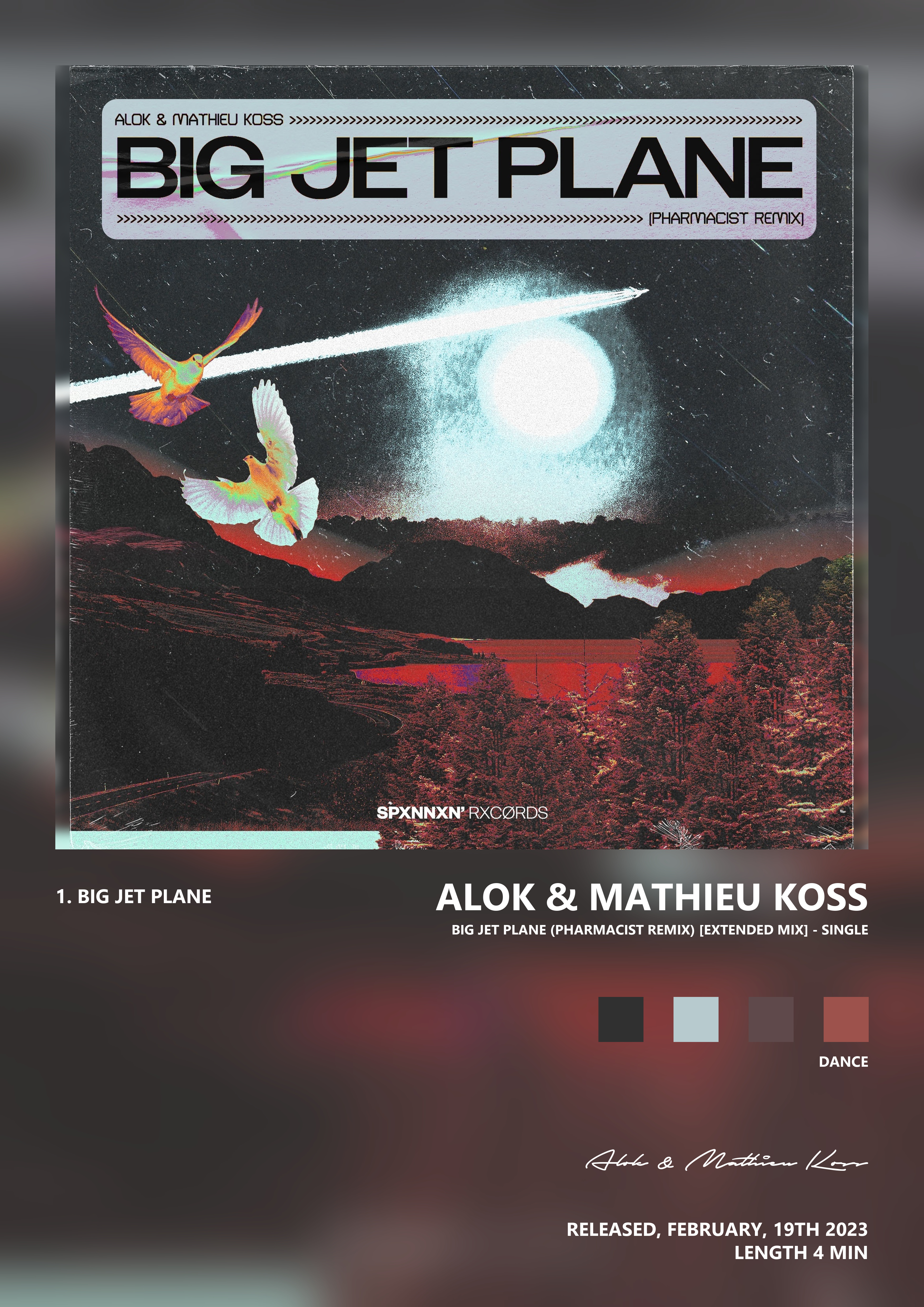 Music poster: Alok Mathieu Koss - Big Jet Plane Pharmacist Remix Extended Mix - Single