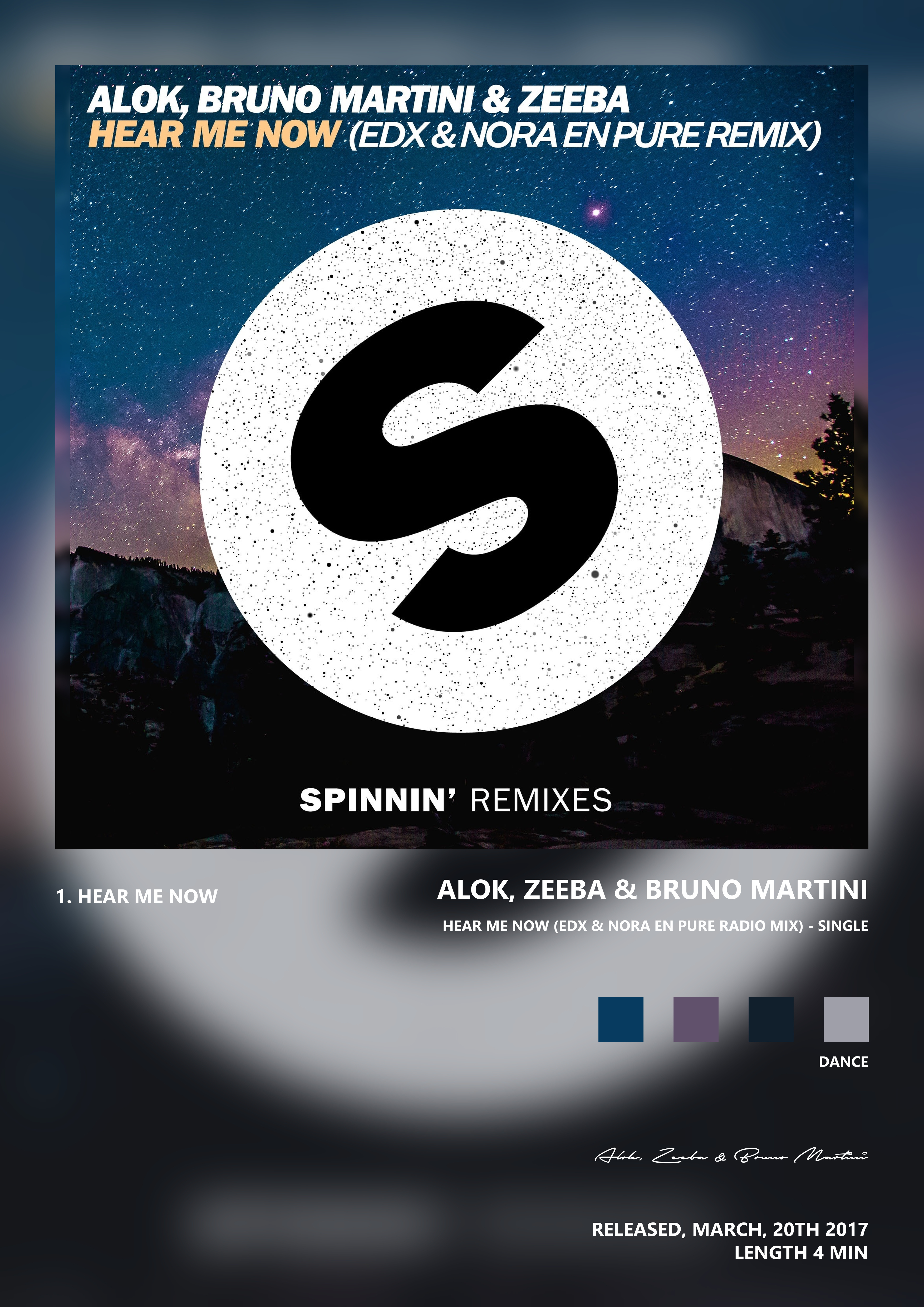 Music poster: Alok Zeeba Bruno Martini - Hear Me Now EDX Nora En Pure Radio Mix - Single