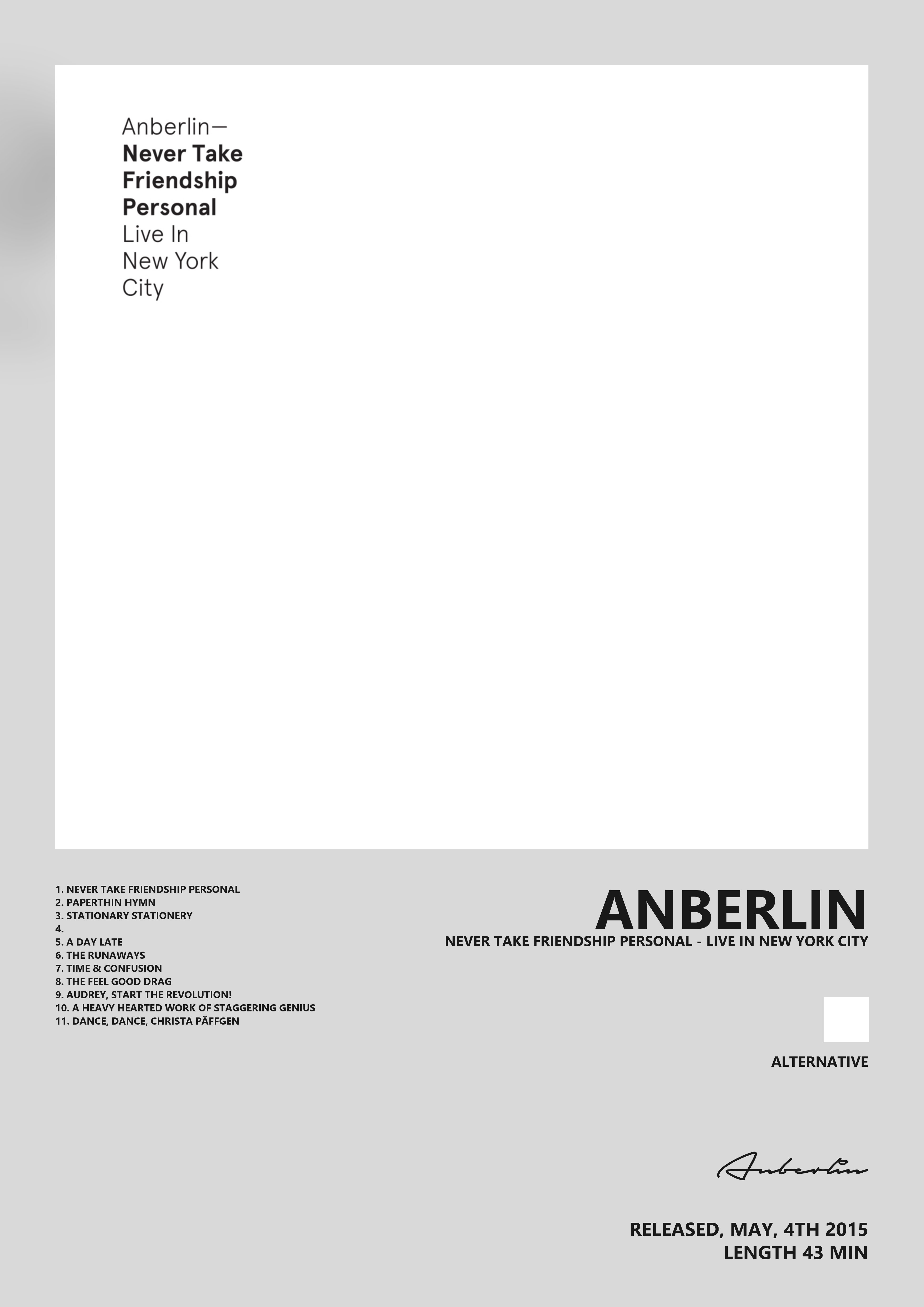 Music poster: Anberlin - Never Take Friendship Personal - Live in New York City