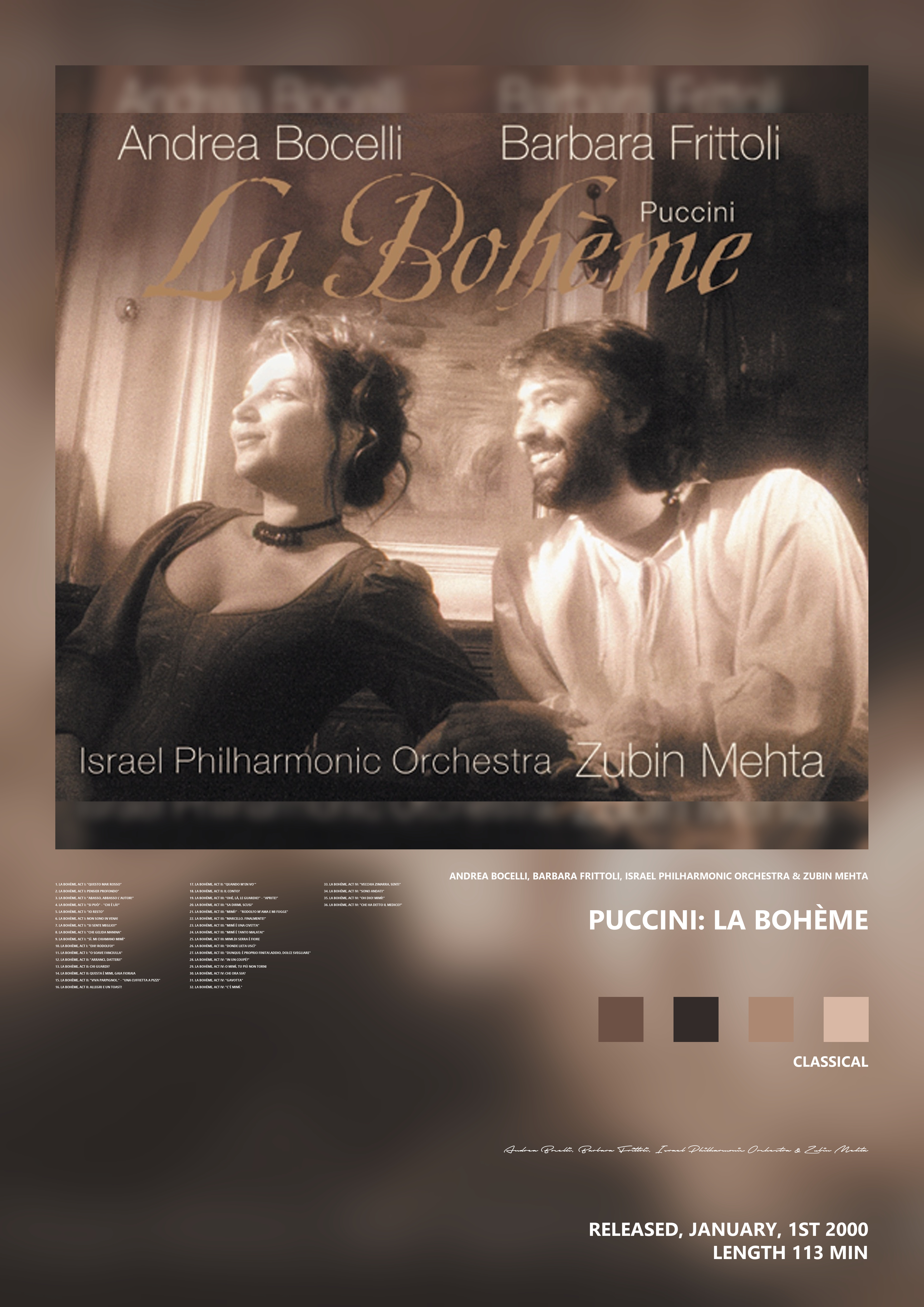 Music poster: Andrea Bocelli Barbara Frittoli Israel Philharmonic Orchestra Zubin Mehta - Puccini La Bohème