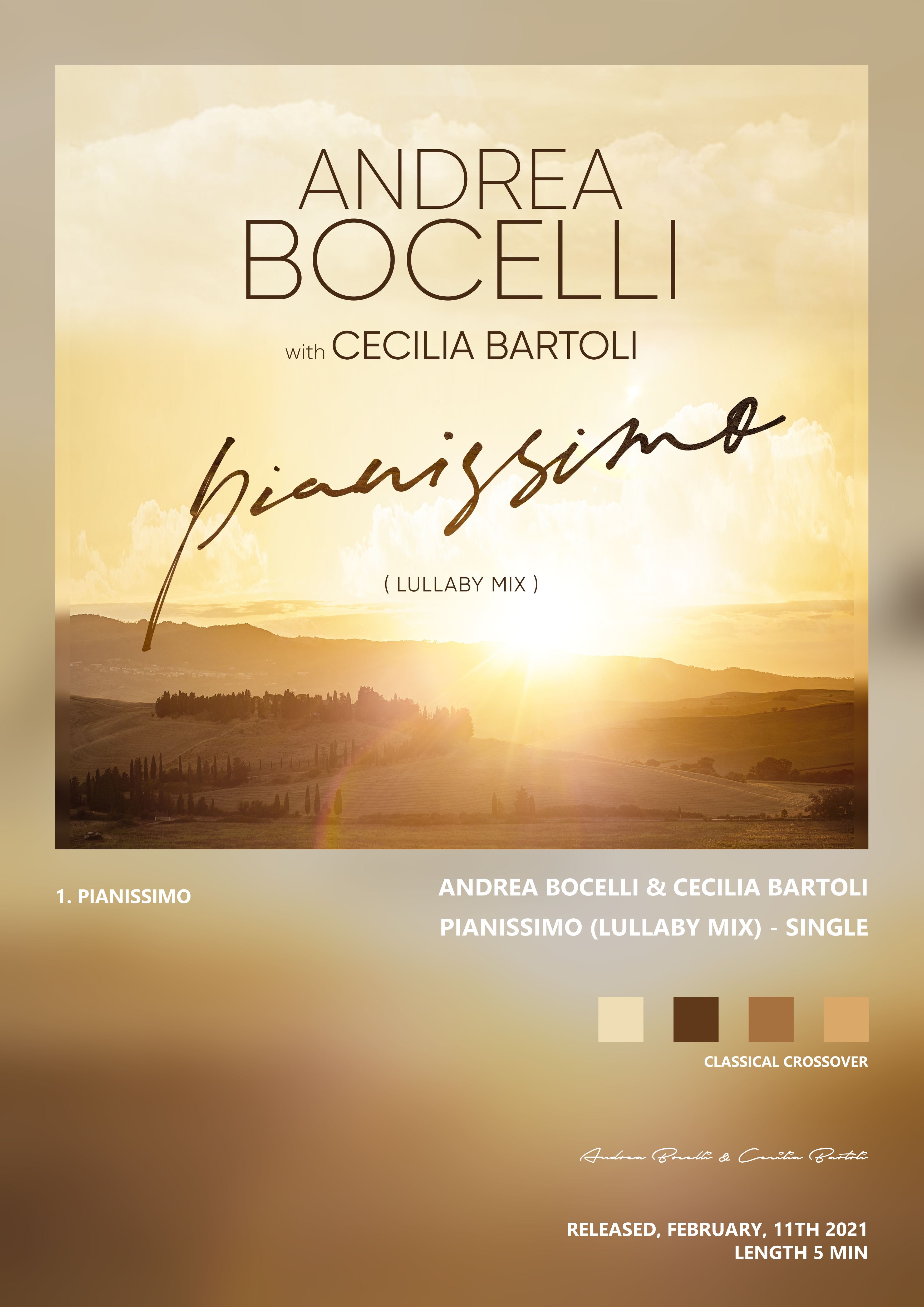 Music poster: Andrea Bocelli Cecilia Bartoli - Pianissimo Lullaby Mix - Single